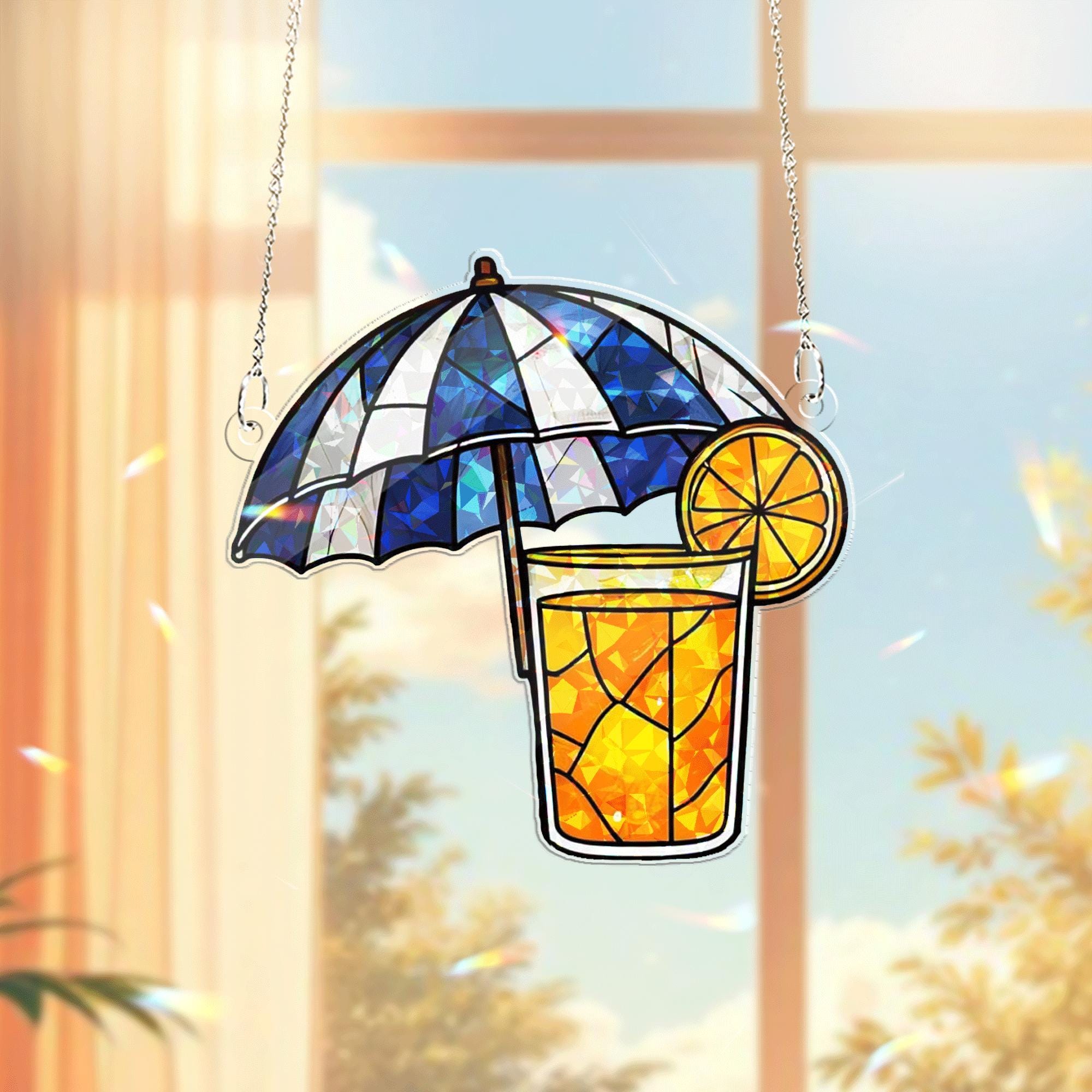 Summer Drink Acrylic Window Hanging – Lemonade Glass with Umbrella Suncatcher, Vibrant Kitchen or Patio Decor Gift