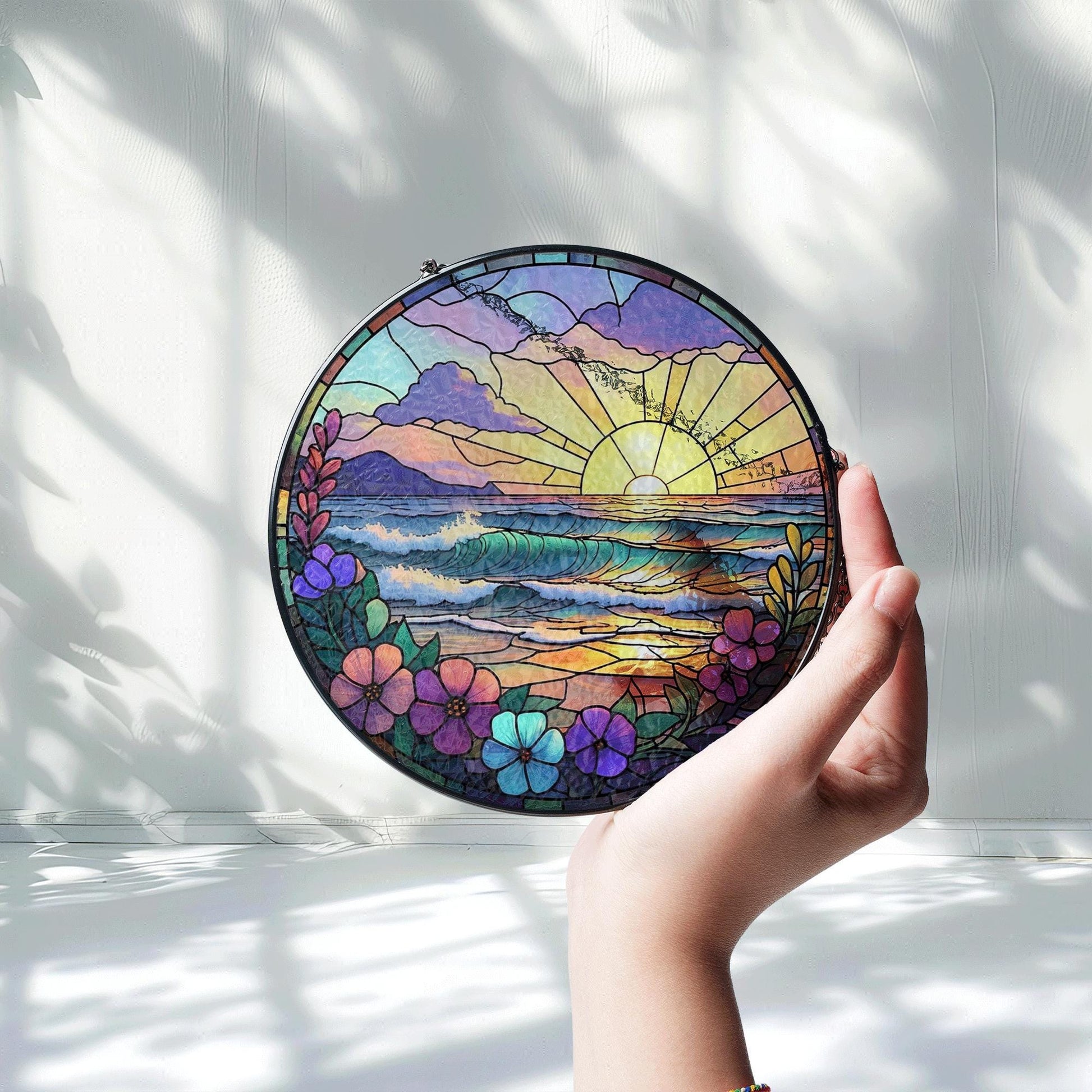 Summer Ocean Sunset Glass Suncatcher – Vibrant Stained Glass Style Beach Window Hanging with Flowers, Coastal Decor Gift Idea