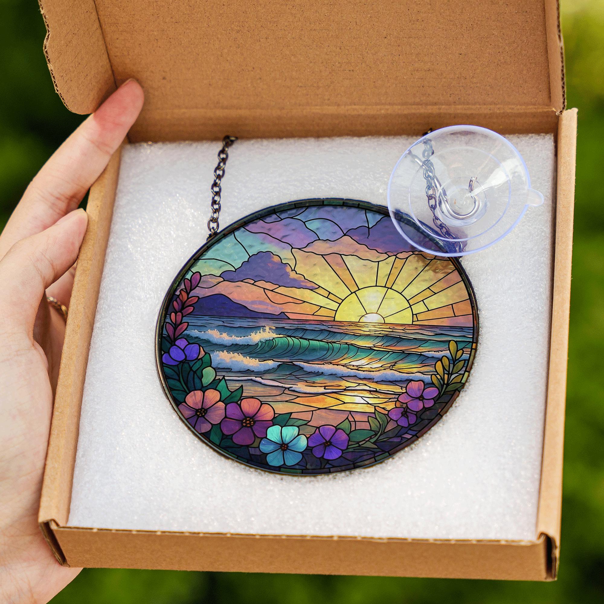Summer Ocean Sunset Glass Suncatcher – Vibrant Stained Glass Style Beach Window Hanging with Flowers, Coastal Decor Gift Idea