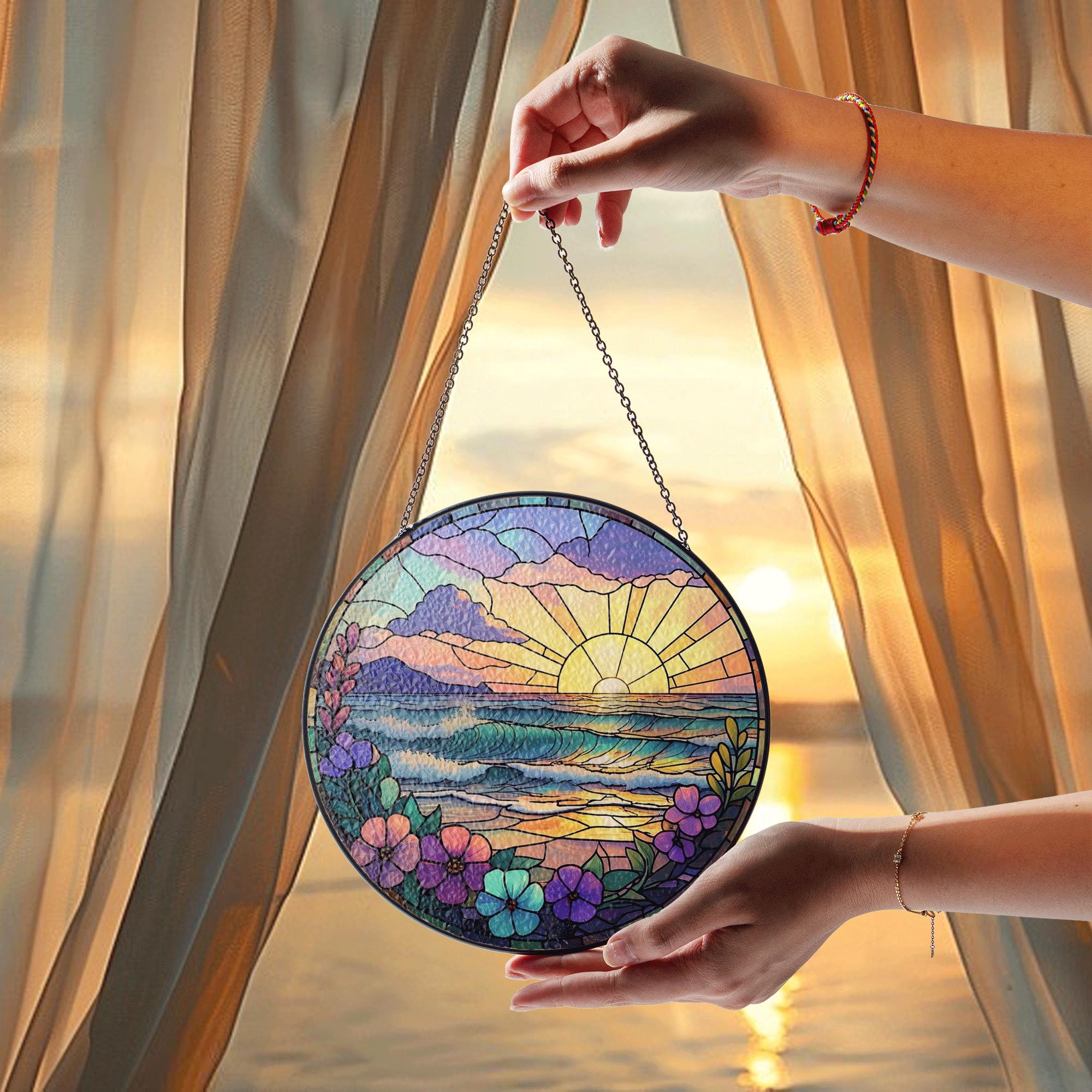 Summer Ocean Sunset Glass Suncatcher – Vibrant Stained Glass Style Beach Window Hanging with Flowers, Coastal Decor Gift Idea