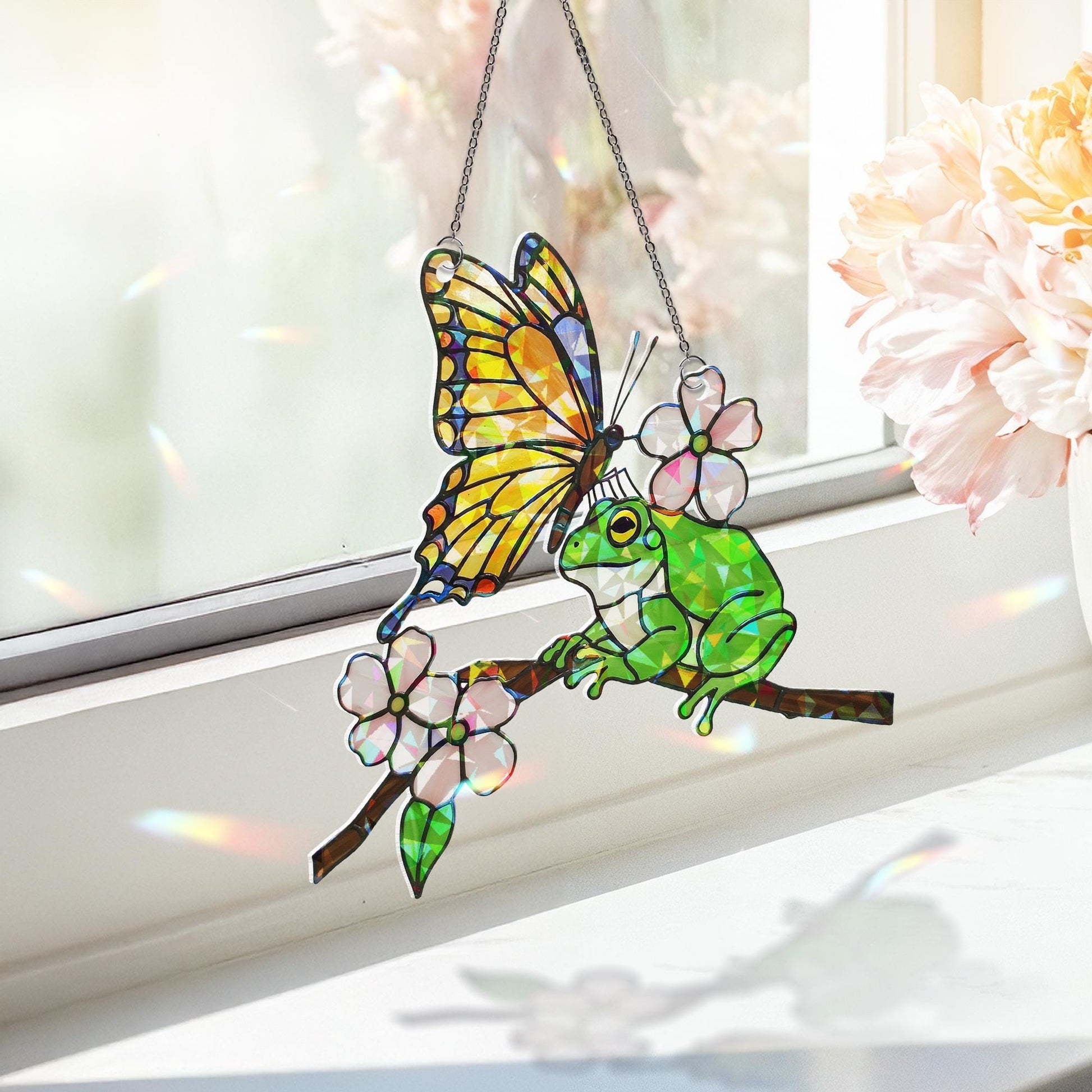 Frog and Butterfly Acrylic Window Hanging – Colorful Stained Glass Style Suncatcher with Blossoms, Cute Nature Decor for Summer