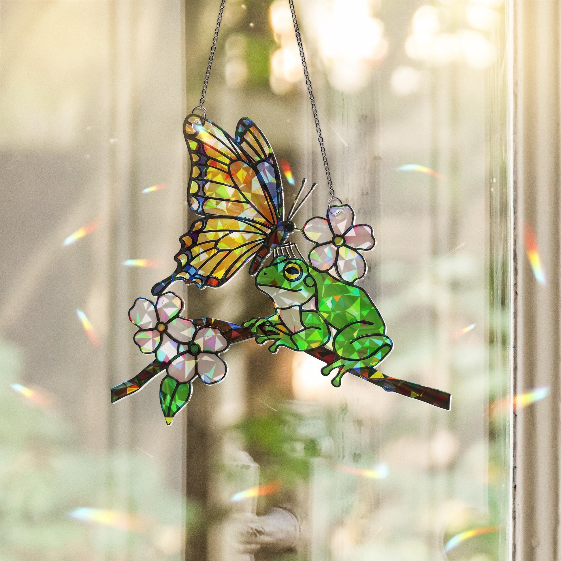 Frog and Butterfly Acrylic Window Hanging – Colorful Stained Glass Style Suncatcher with Blossoms, Cute Nature Decor for Summer