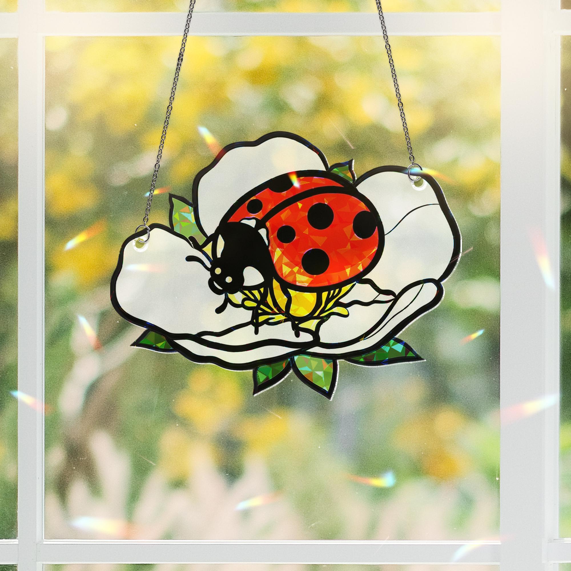 Ladybug Acrylic Window Hanging – Ladybug on White Wild Strawberry Flower Hanging, Cute Garden Insect Decor for Spring and Summer