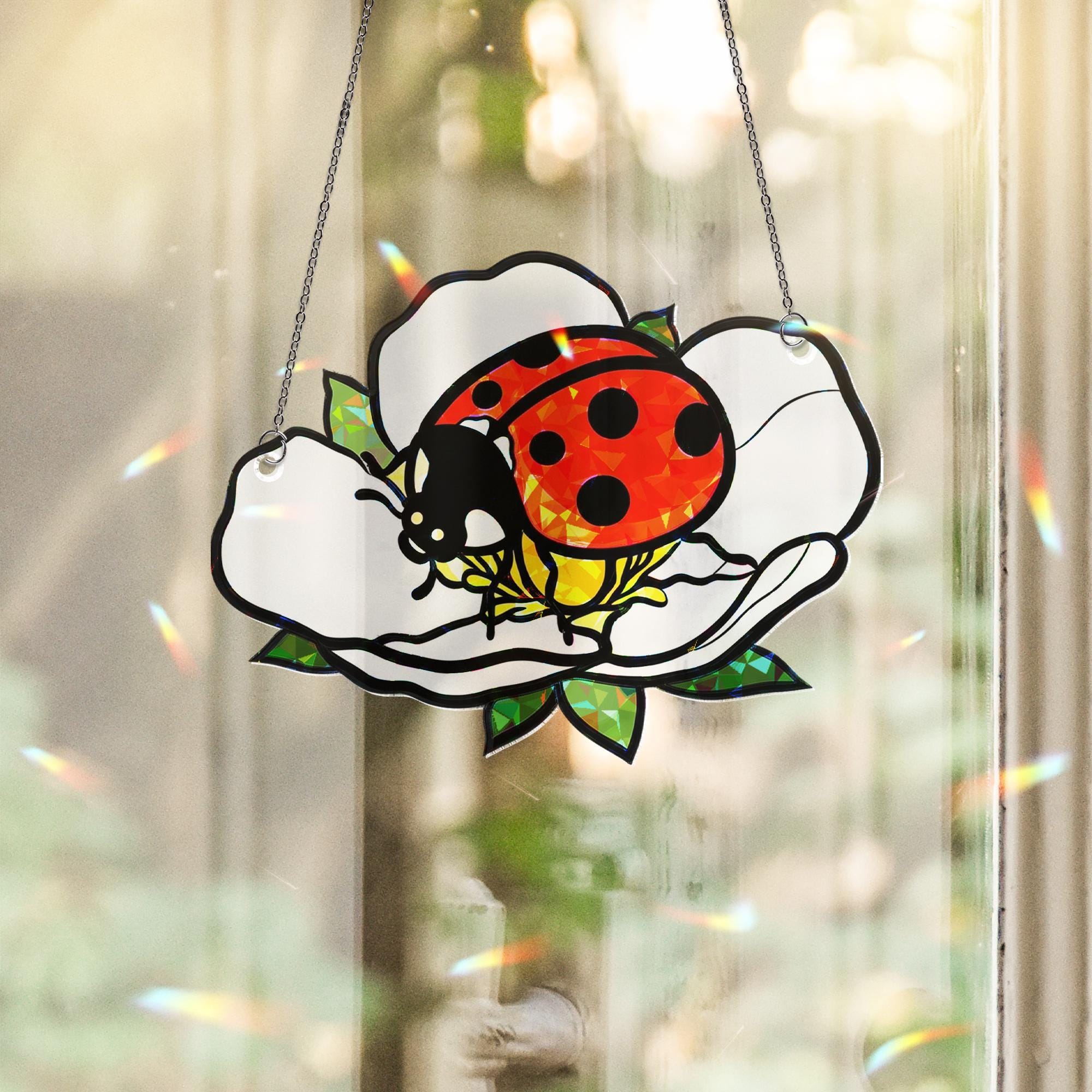 Ladybug Acrylic Window Hanging – Ladybug on White Wild Strawberry Flower Hanging, Cute Garden Insect Decor for Spring and Summer