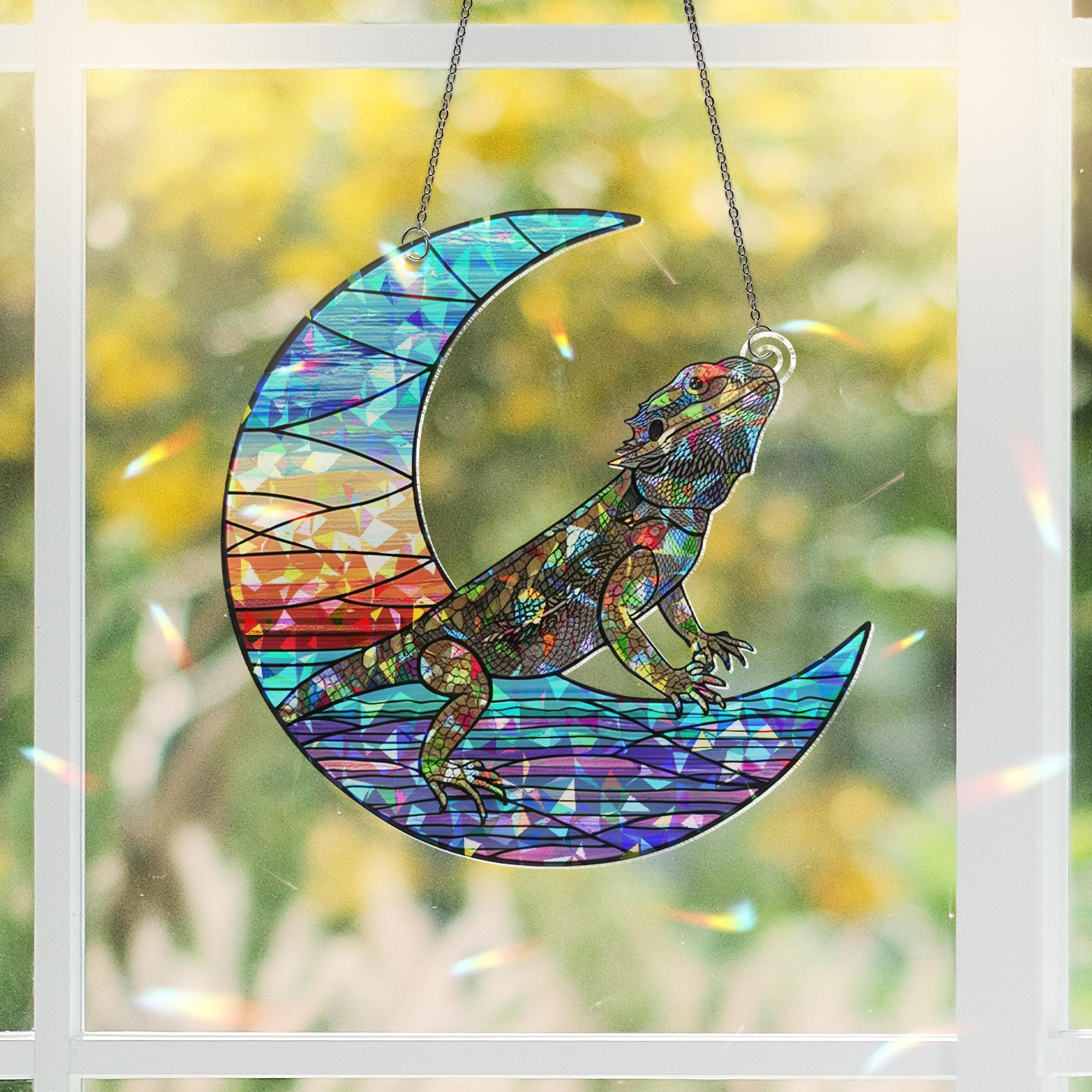 Bearded Dragon Moon Suncatcher | Holographic Acrylic Summer Window Decor | Beach Vibes Lizard Gift | Colorful Crescent Sun Catcher