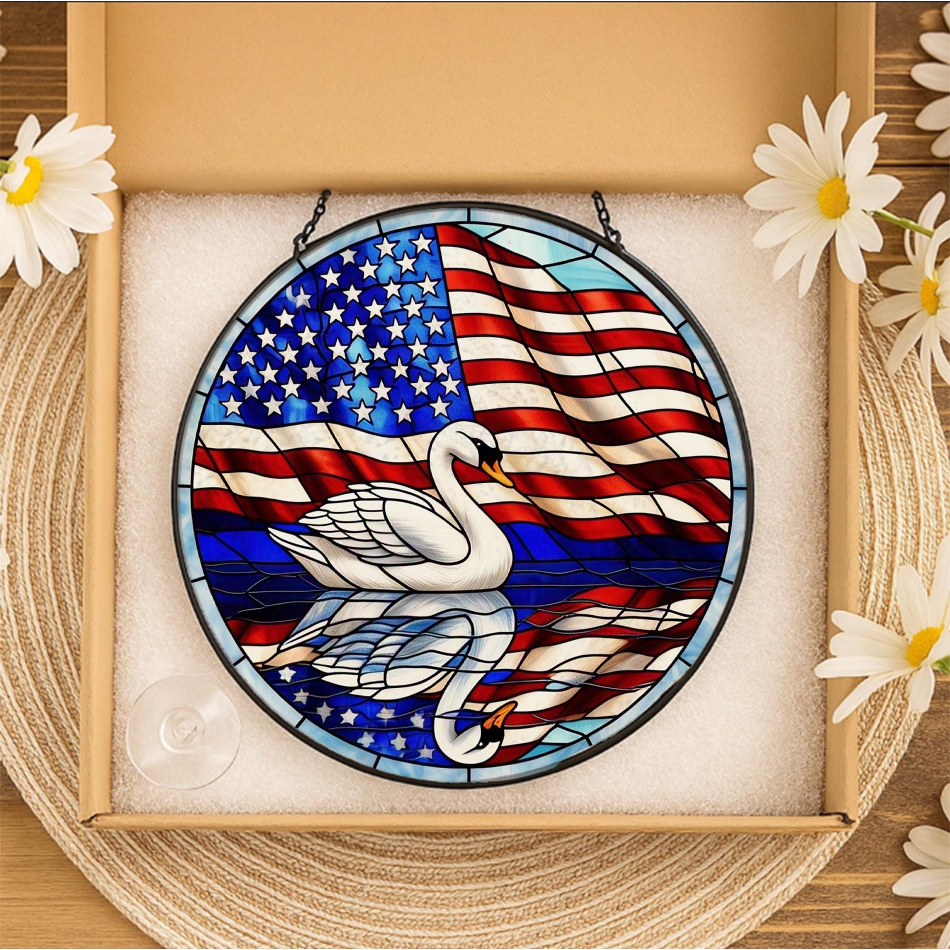 Patriotic Swan Glass Suncatcher – American Flag Round Window Hanging Decor, 4th of July Stained Glass Art for Independence Day Gift