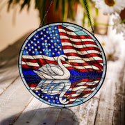 Patriotic Swan Glass Suncatcher – American Flag Round Window Hanging Decor, 4th of July Stained Glass Art for Independence Day Gift