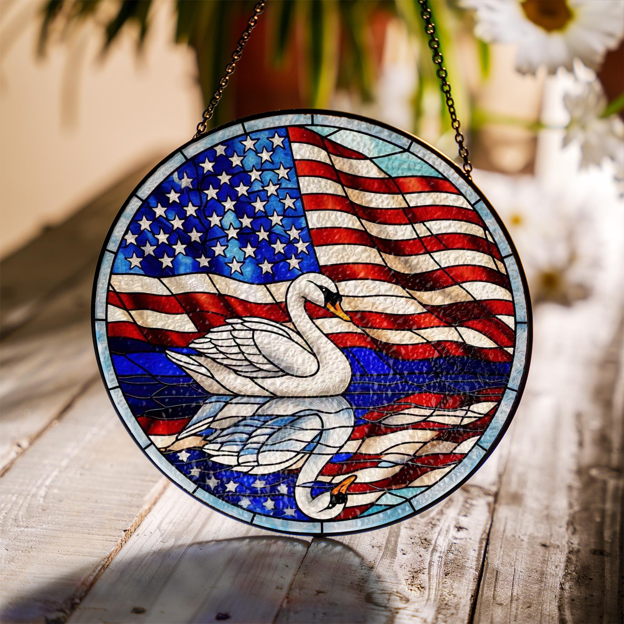 Patriotic Swan Glass Suncatcher – American Flag Round Window Hanging Decor, 4th of July Stained Glass Art for Independence Day Gift