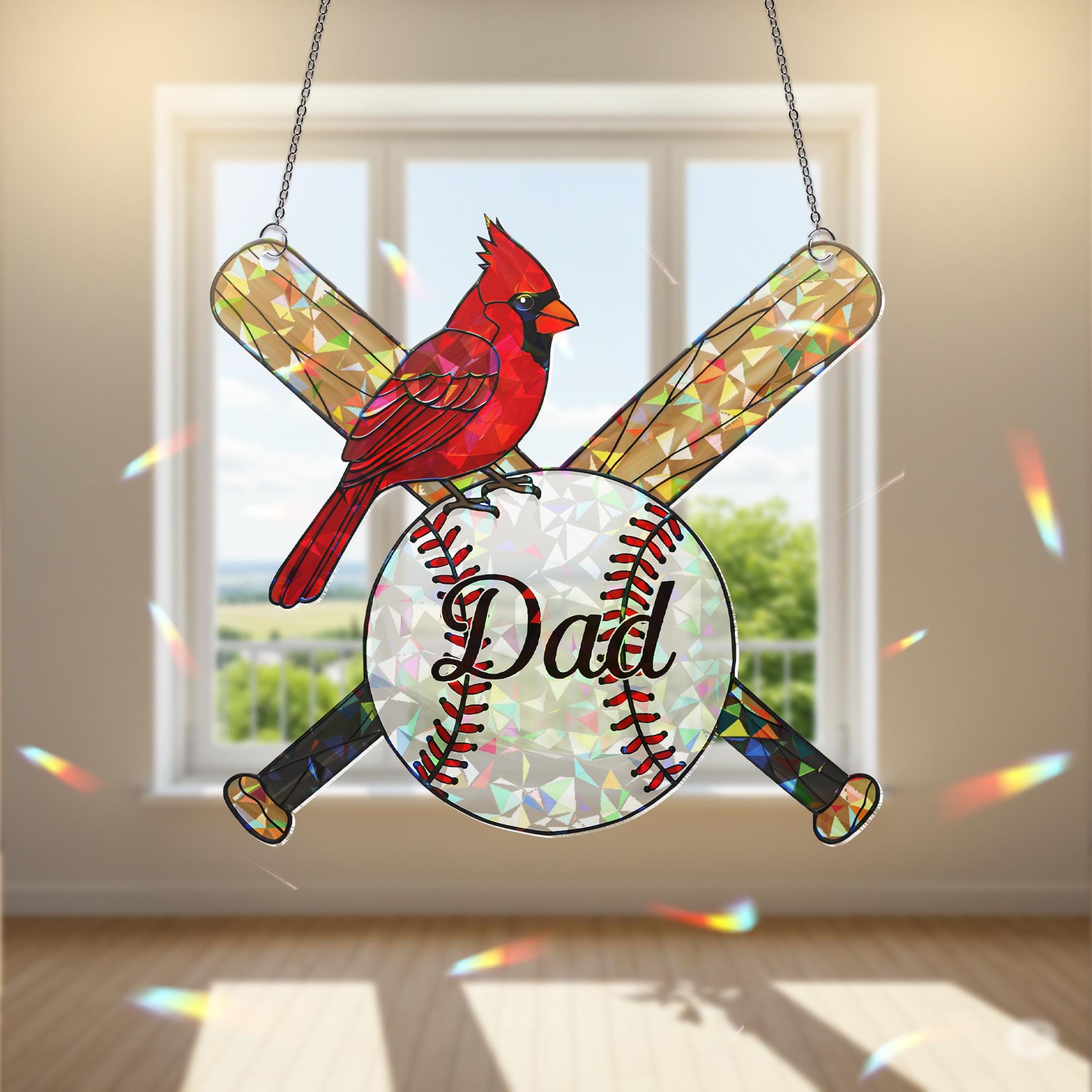 Baseball Dad Memorial Hologram Acrylic Window Hanging, Cardinal Memorial Gift, Father's Day Decor, Baseball Dad Ornament, Dad keepsake