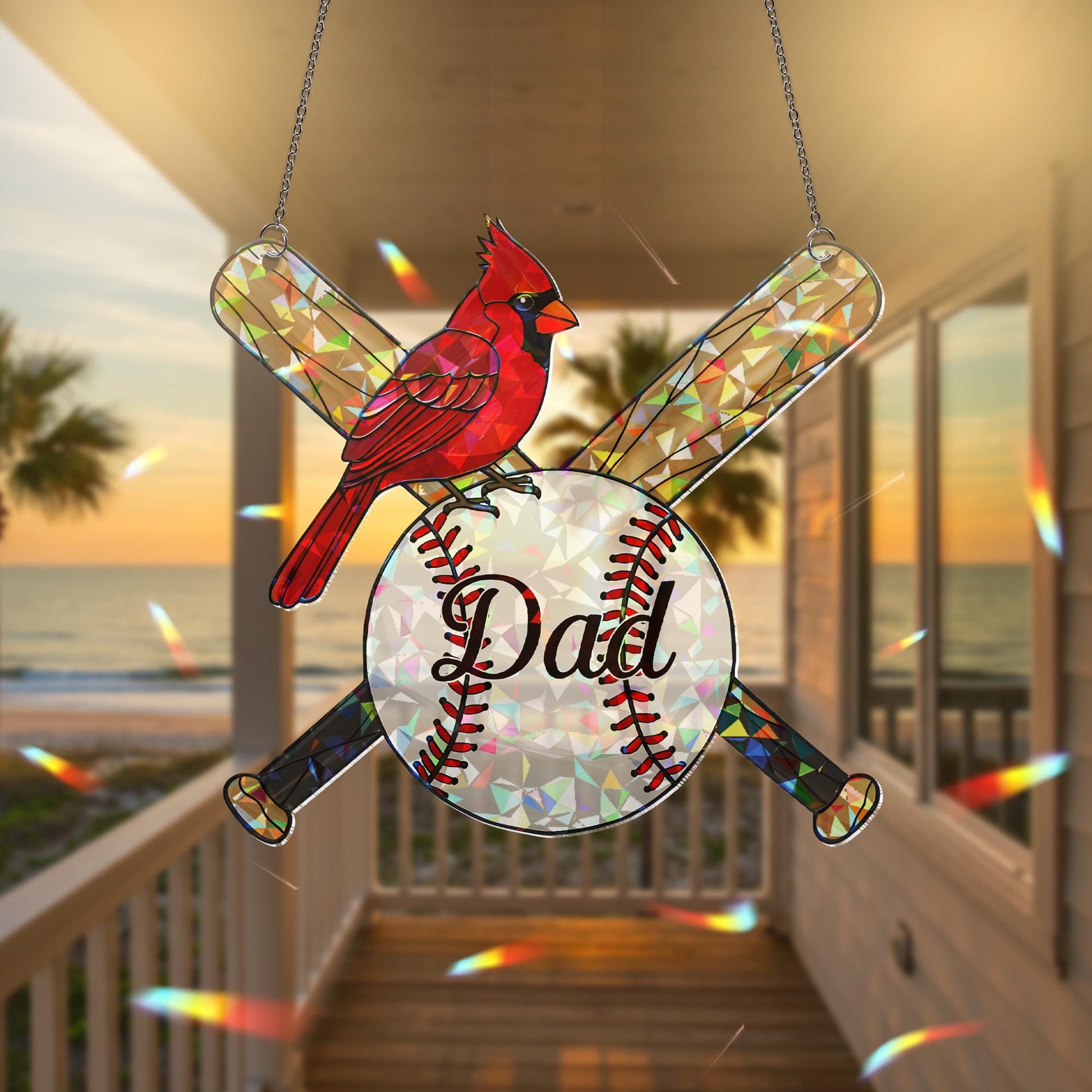 Baseball Dad Memorial Hologram Acrylic Window Hanging, Cardinal Memorial Gift, Father's Day Decor, Baseball Dad Ornament, Dad keepsake