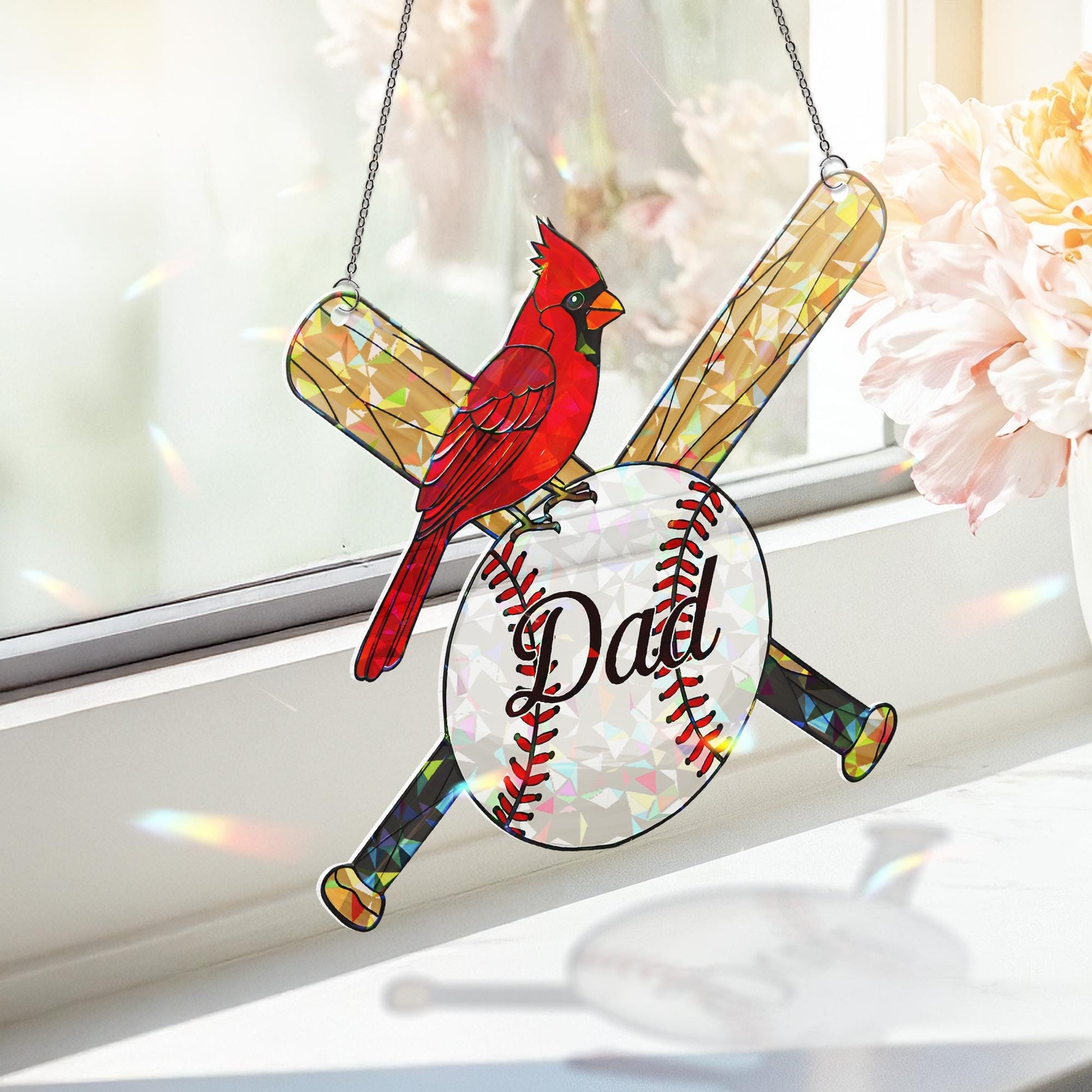 Baseball Dad Memorial Hologram Acrylic Window Hanging, Cardinal Memorial Gift, Father's Day Decor, Baseball Dad Ornament, Dad keepsake