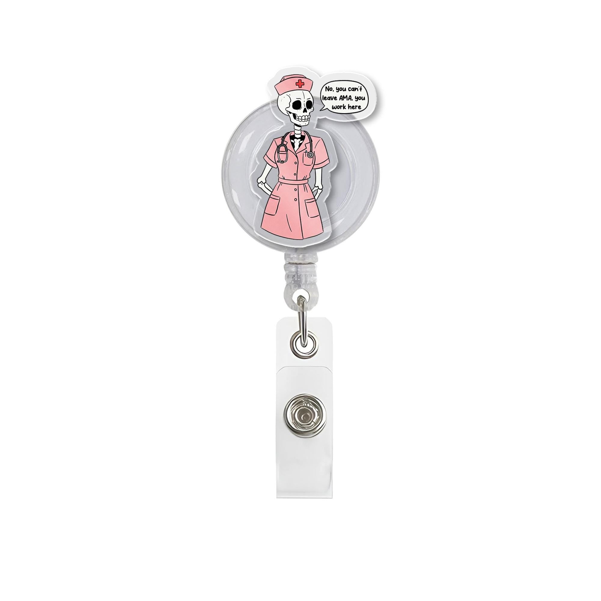 Funny Skeleton Nurse Badge Reel – "You Work Here" Hospital Humor ID Holder, Cute RN Badge Clip for Nurses, Halloween or Daily Use