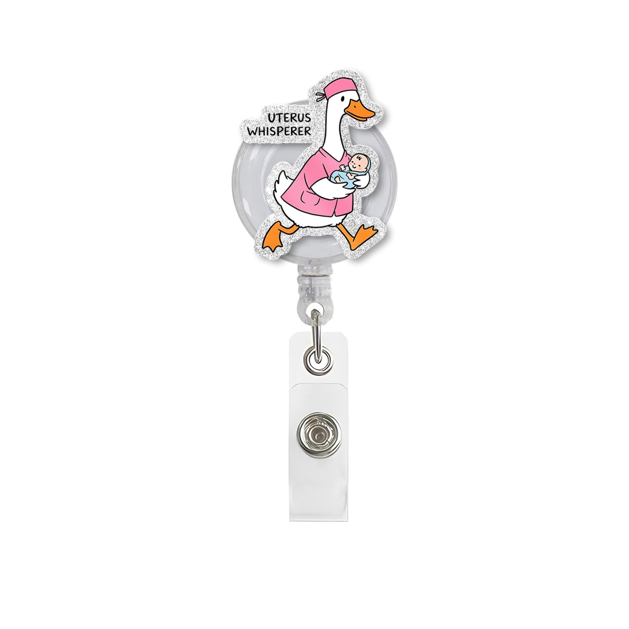 Uterus Whisperer Duck Badge Reel – Funny OB Nurse ID Holder, Cute Labor and Delivery Badge Clip, Midwife Gift for Hospital Staff