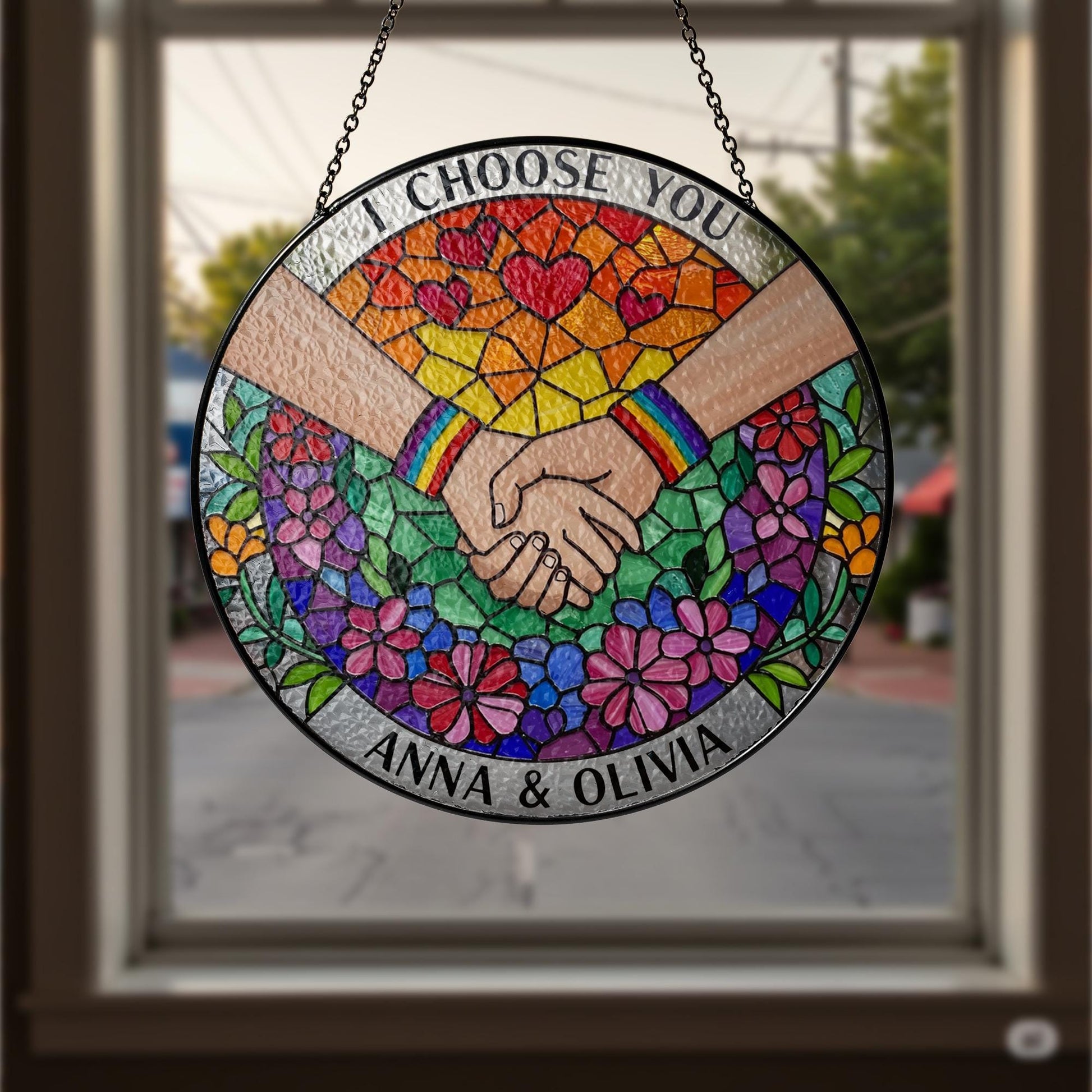 Custom LGBT Couple Stained Glass Suncatcher, Personalized Pride Gift, Rainbow Hand Holding, Anniversary Decor, Wedding Keepsake, Gay Lesbian