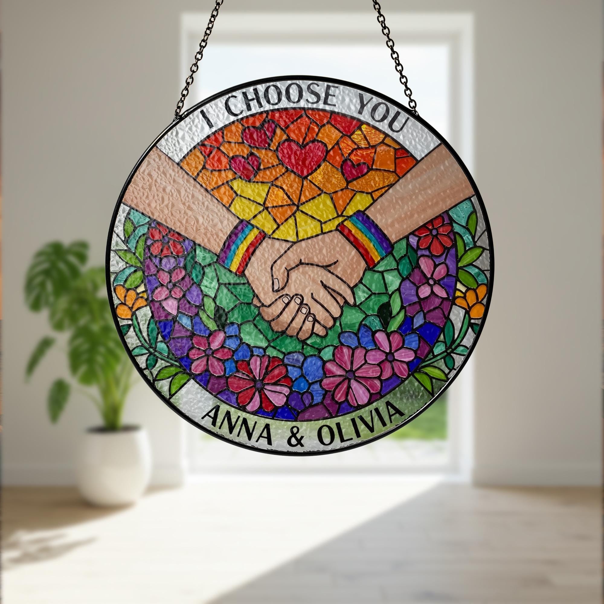 Custom LGBT Couple Stained Glass Suncatcher, Personalized Pride Gift, Rainbow Hand Holding, Anniversary Decor, Wedding Keepsake, Gay Lesbian