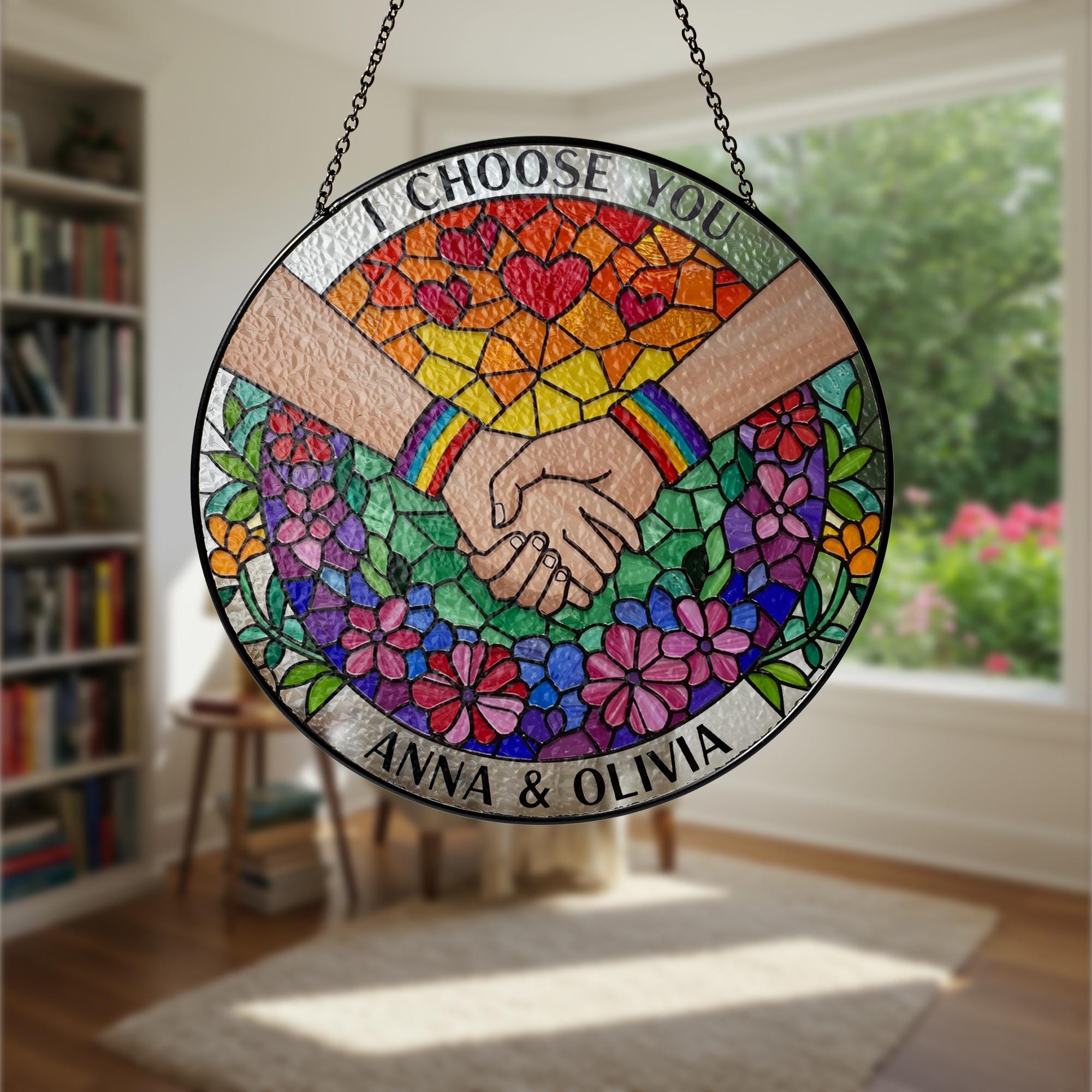 Custom LGBT Couple Stained Glass Suncatcher, Personalized Pride Gift, Rainbow Hand Holding, Anniversary Decor, Wedding Keepsake, Gay Lesbian