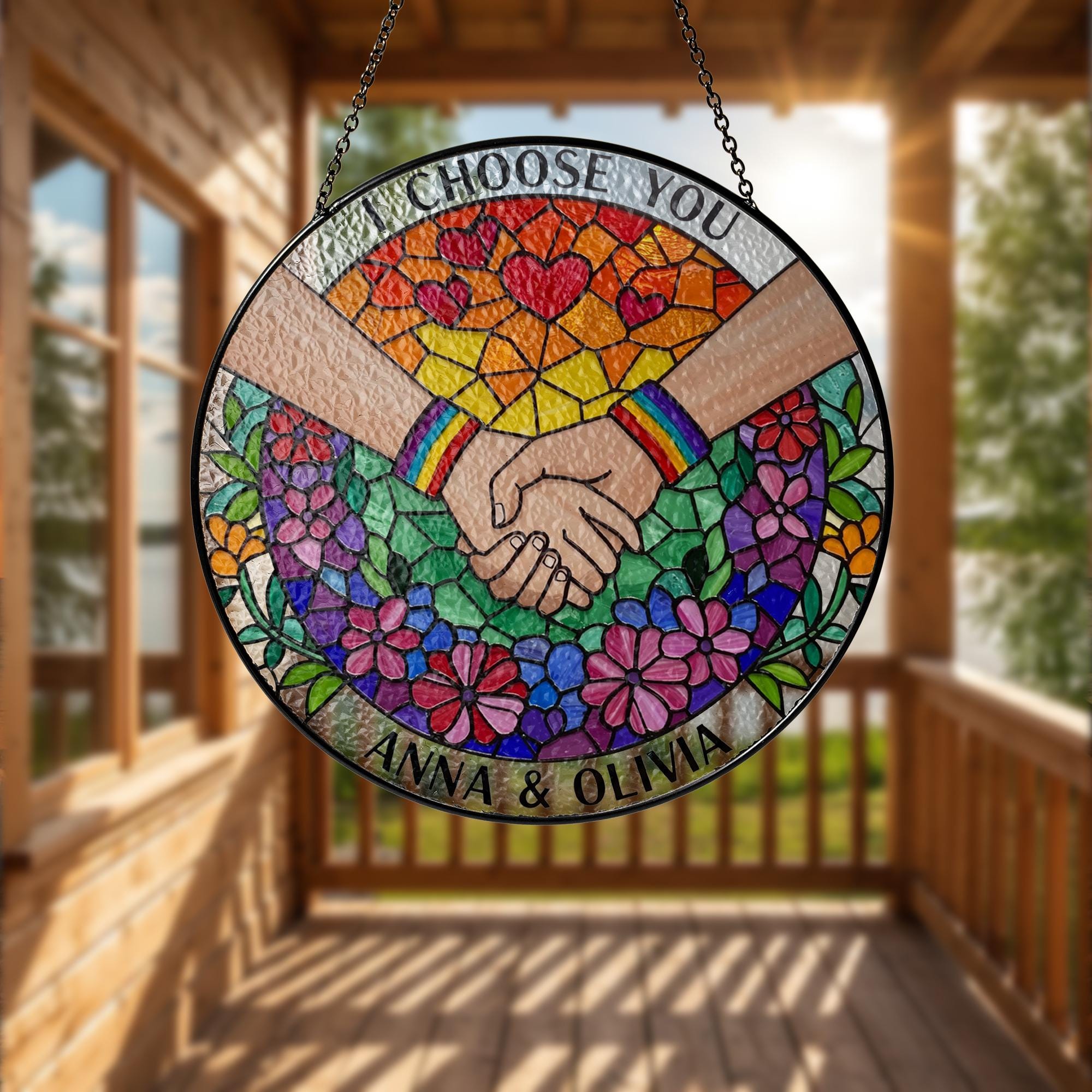 Custom LGBT Couple Stained Glass Suncatcher, Personalized Pride Gift, Rainbow Hand Holding, Anniversary Decor, Wedding Keepsake, Gay Lesbian