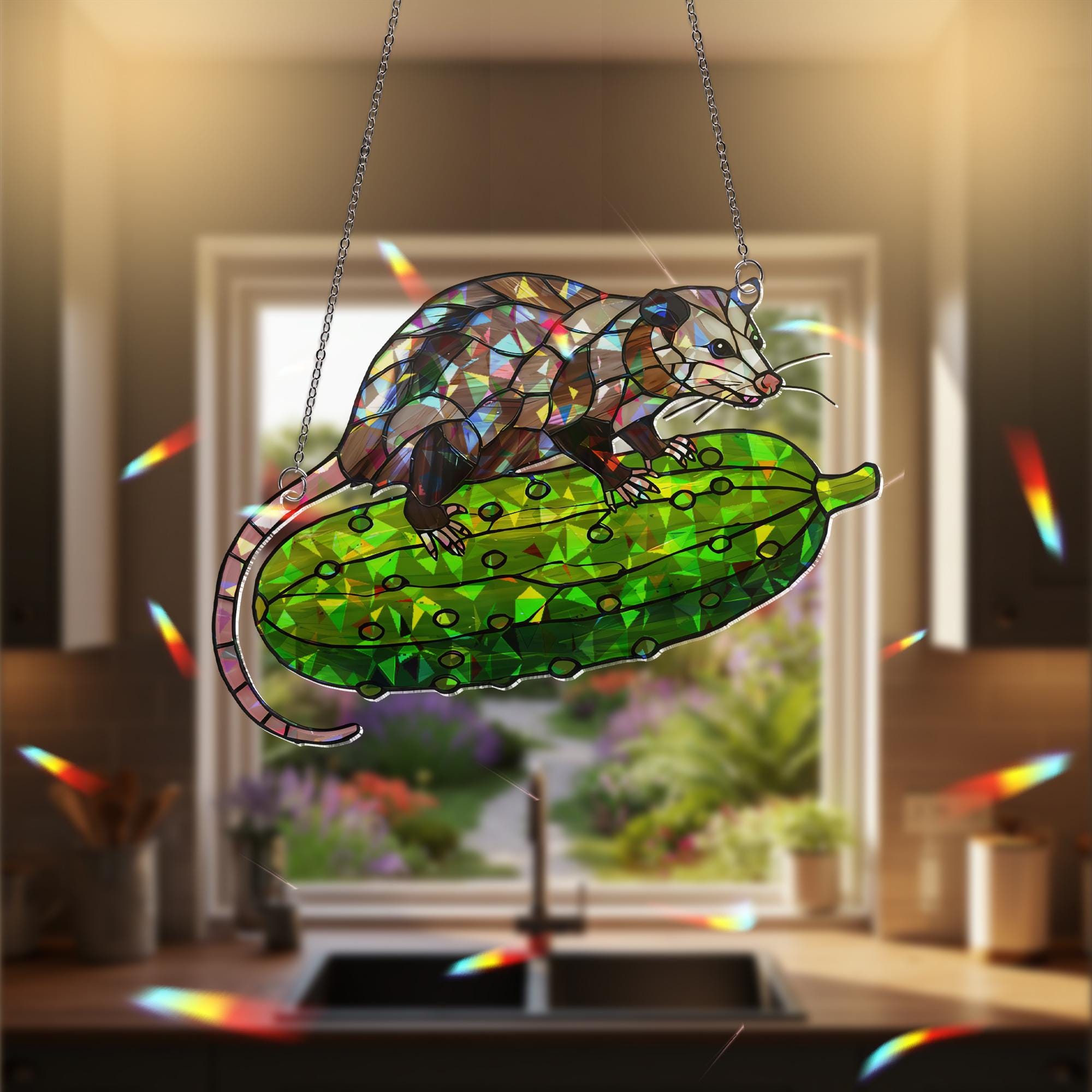 Funny Possum Riding Pickle Suncatcher, Holographic Acrylic Window Decor, Cute Animal Ornament, Weird Gift for Nature Lovers, Kitchen Decor