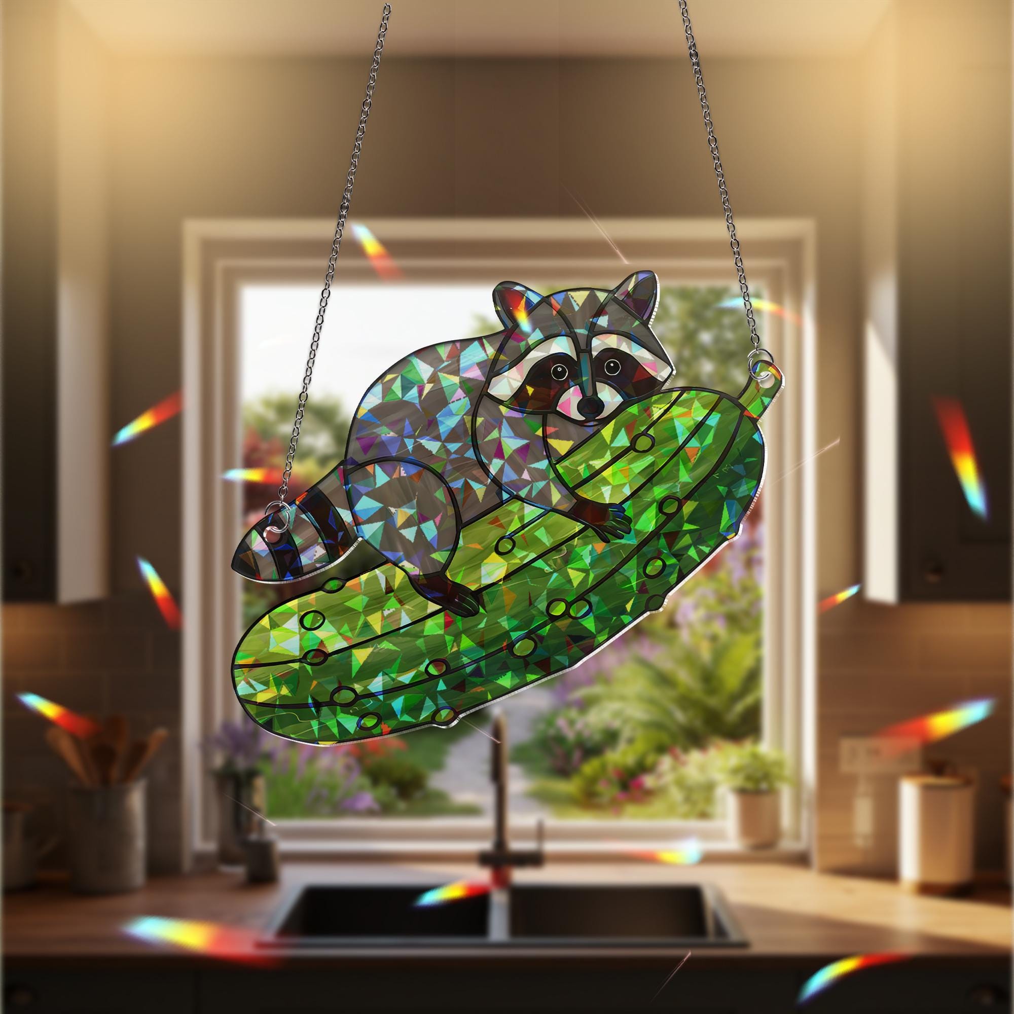 Funny Raccoon Pickle Suncatcher, Holographic Acrylic Window Decor, Cute Animal Ornament, Quirky Gift for Nature Lovers, Kitchen Decor