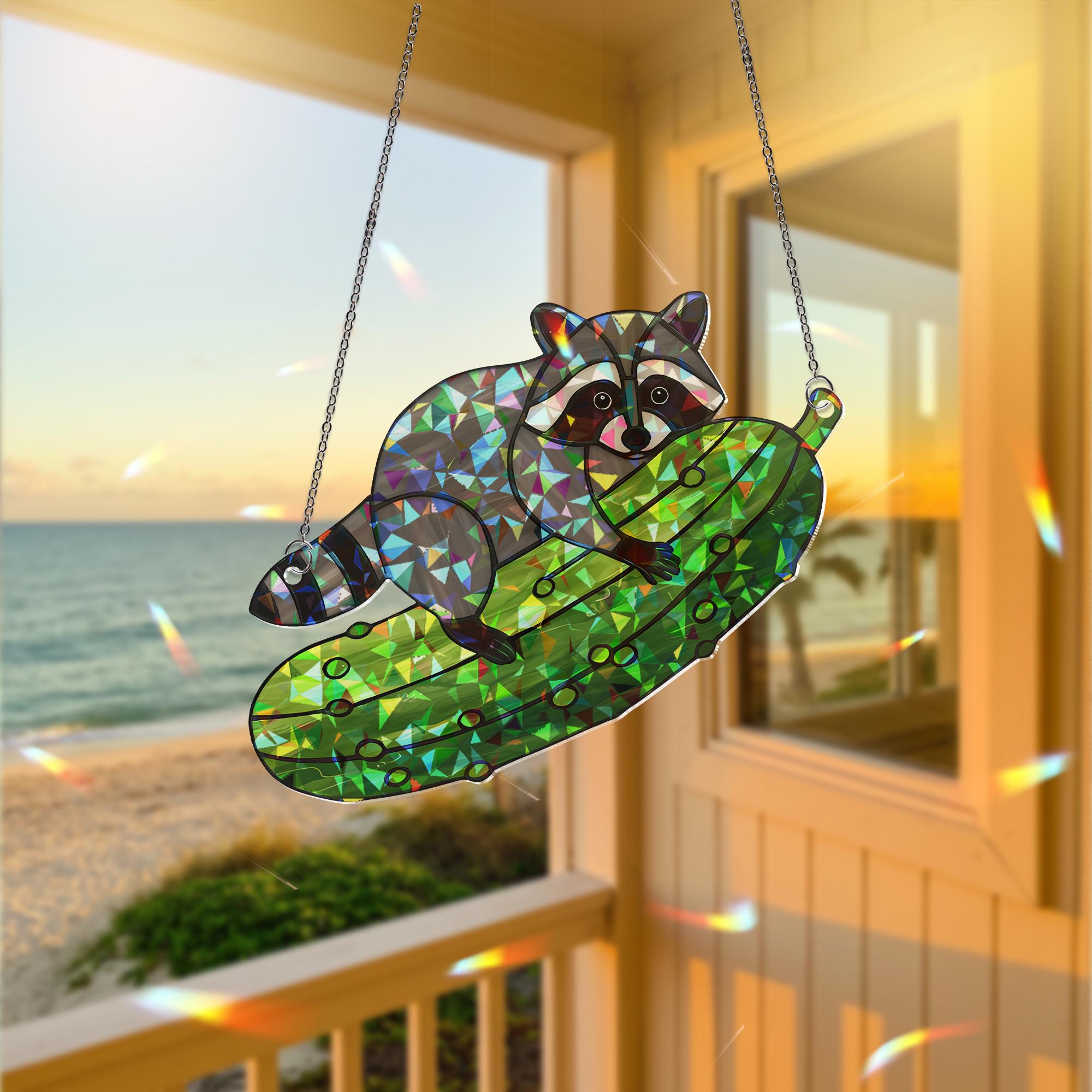 Funny Raccoon Pickle Suncatcher, Holographic Acrylic Window Decor, Cute Animal Ornament, Quirky Gift for Nature Lovers, Kitchen Decor