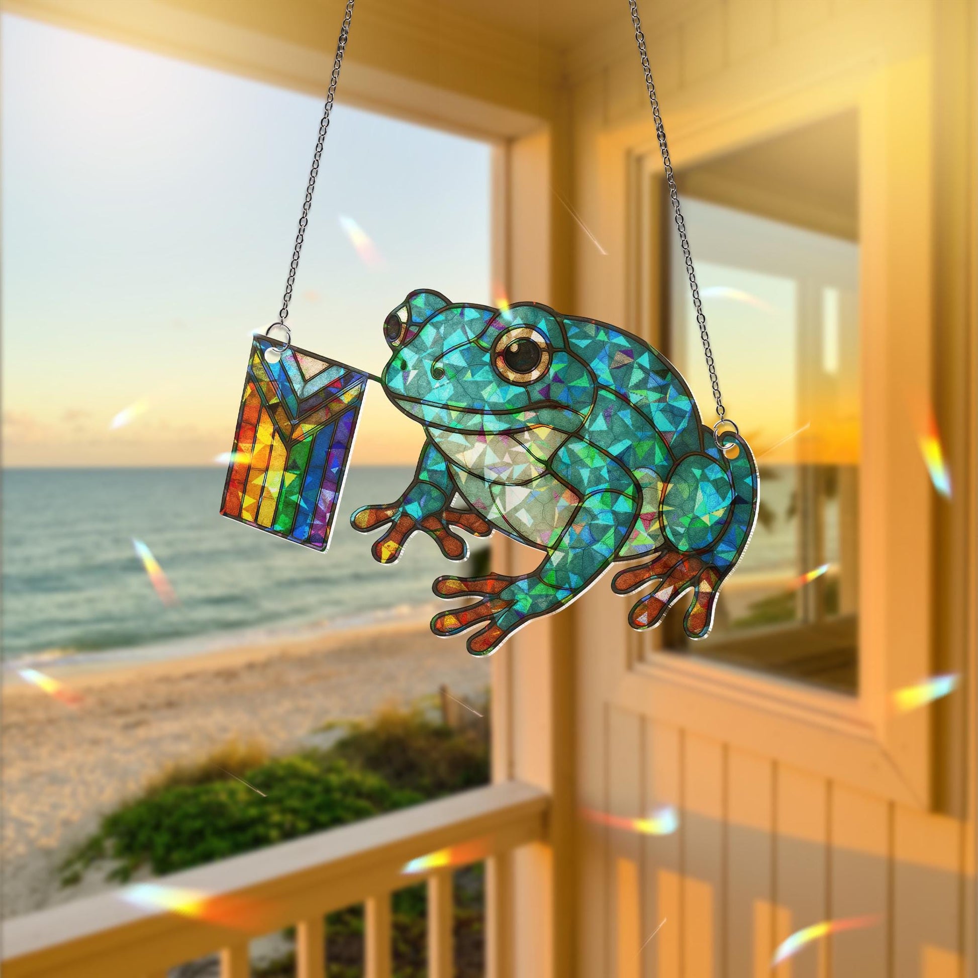 Green Frog Pride Decor, Holographic Acrylic Frog Suncatcher, LGBTQ Window Art, Cute Rainbow Frog Ornament Gift, LGBT Bestie Gift