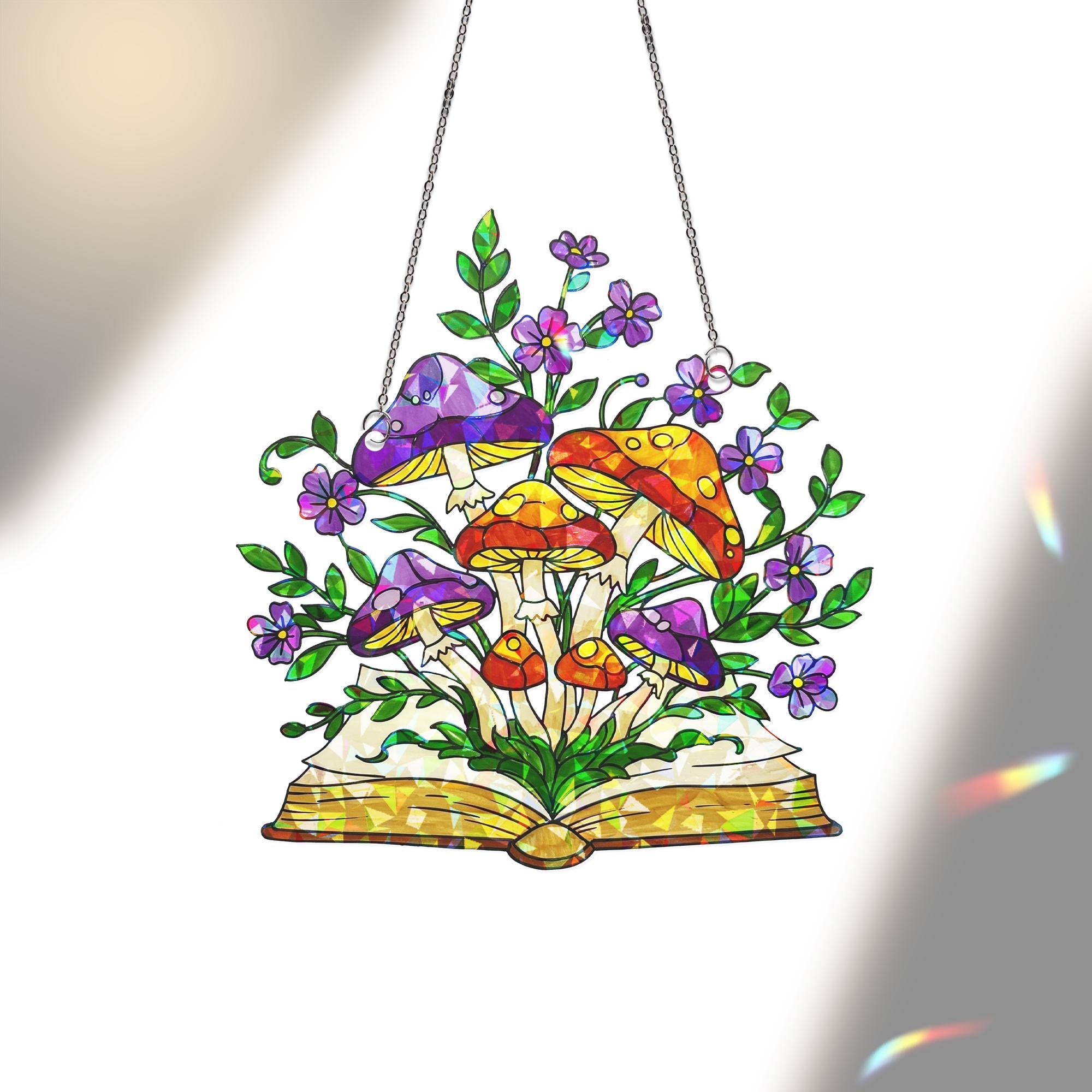 Fantasy Book Acrylic Hologram Window Hanging – Mushrooms and Flowers Home Decor, Gift for Readers and Nature Lovers, Reader Gift, Boookworm