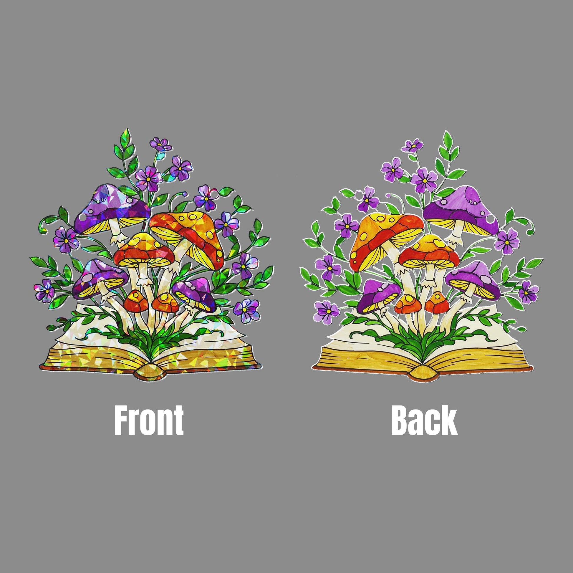 Fantasy Book Acrylic Hologram Window Hanging – Mushrooms and Flowers Home Decor, Gift for Readers and Nature Lovers, Reader Gift, Boookworm