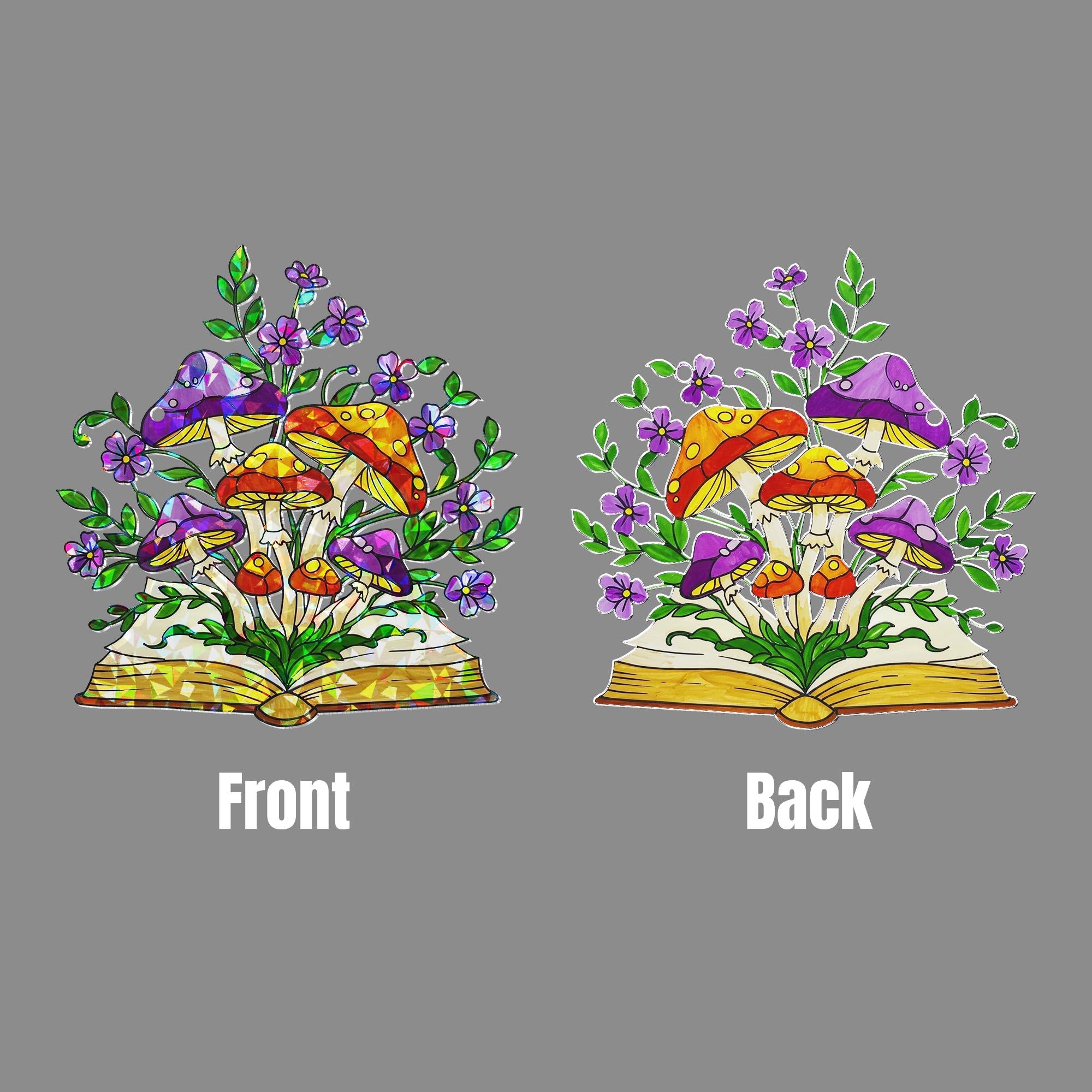Fantasy Book Acrylic Hologram Window Hanging – Mushrooms and Flowers Home Decor, Gift for Readers and Nature Lovers, Reader Gift, Boookworm