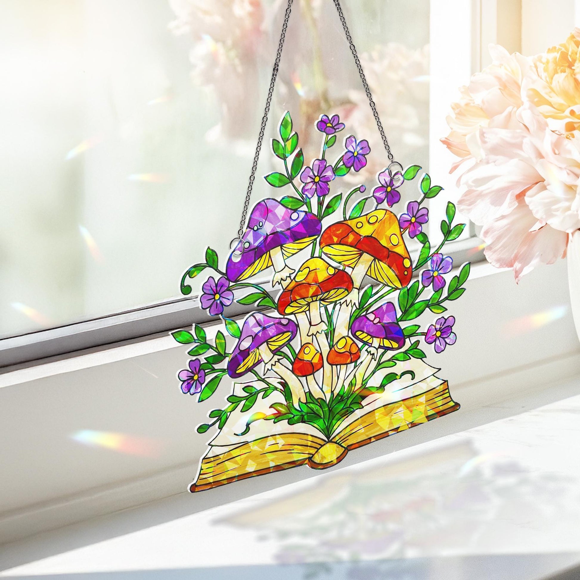 Fantasy Book Acrylic Hologram Window Hanging – Mushrooms and Flowers Home Decor, Gift for Readers and Nature Lovers, Reader Gift, Boookworm