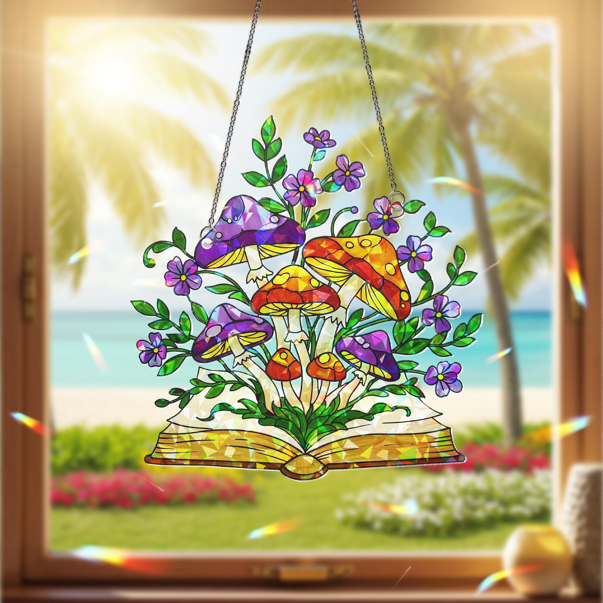 Fantasy Book Acrylic Hologram Window Hanging – Mushrooms and Flowers Home Decor, Gift for Readers and Nature Lovers, Reader Gift, Boookworm