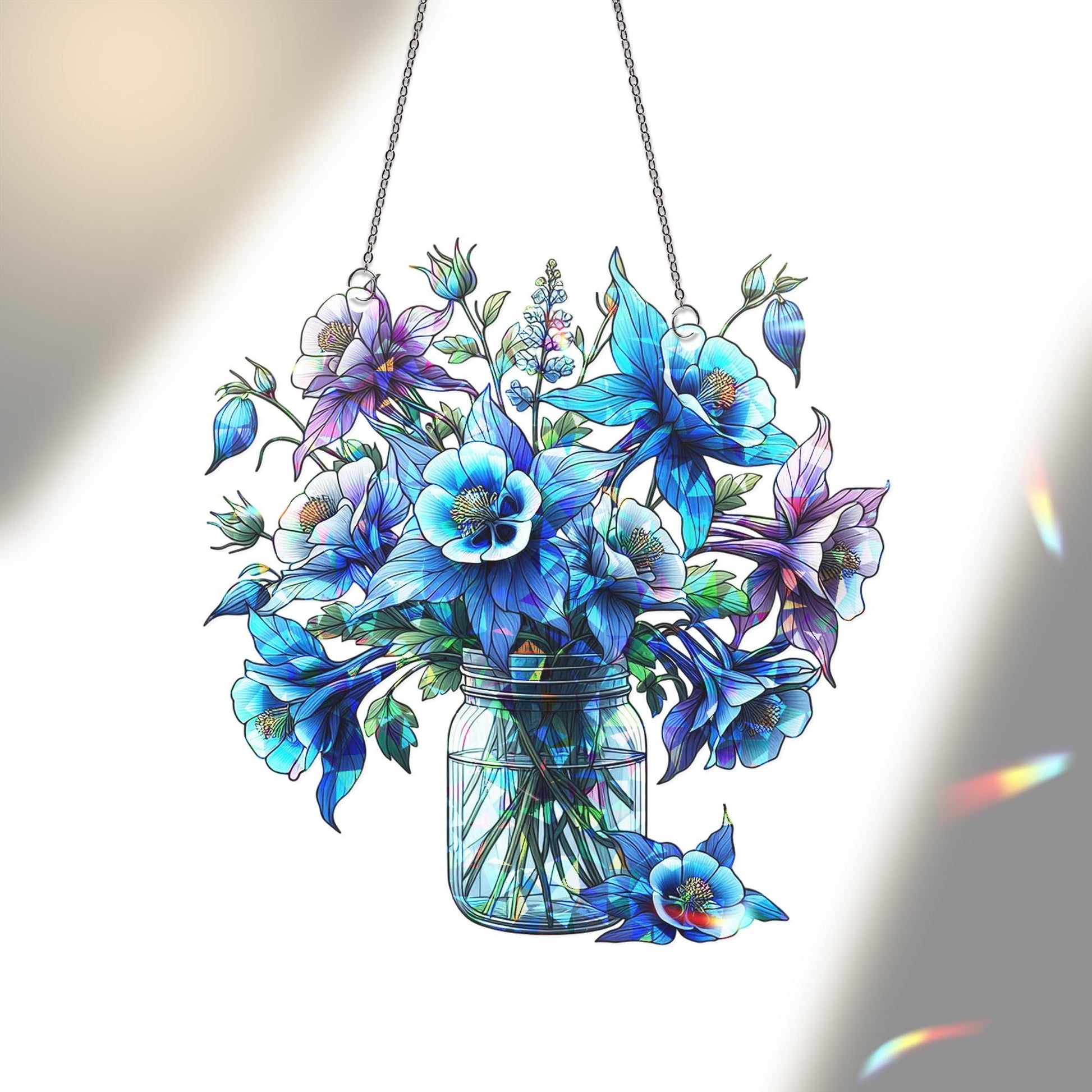 Blue Columbine Flowers Acrylic Holographic Suncatcher | Mason Jar Bouquet Window Hanging | Unique Gift for Mom Grandma