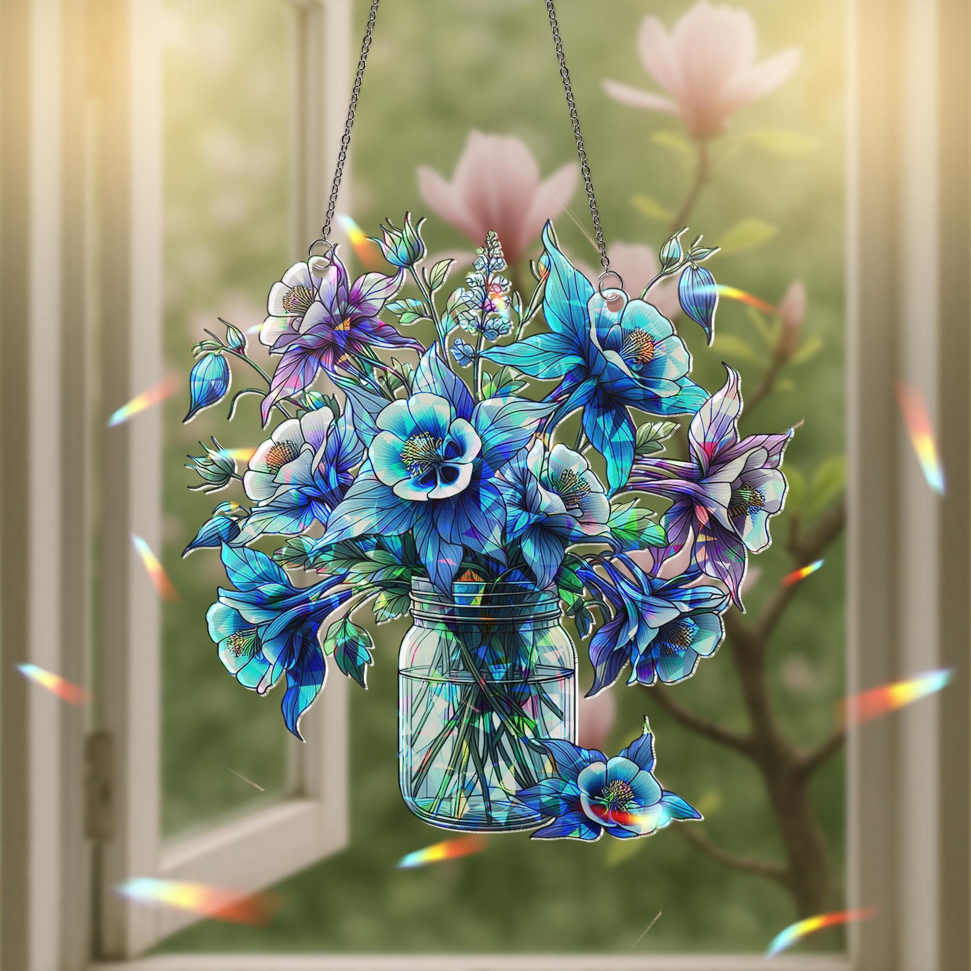 Blue Columbine Flowers Acrylic Holographic Suncatcher | Mason Jar Bouquet Window Hanging | Unique Gift for Mom Grandma