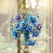 Blue Columbine Flowers Acrylic Holographic Suncatcher | Mason Jar Bouquet Window Hanging | Unique Gift for Mom Grandma