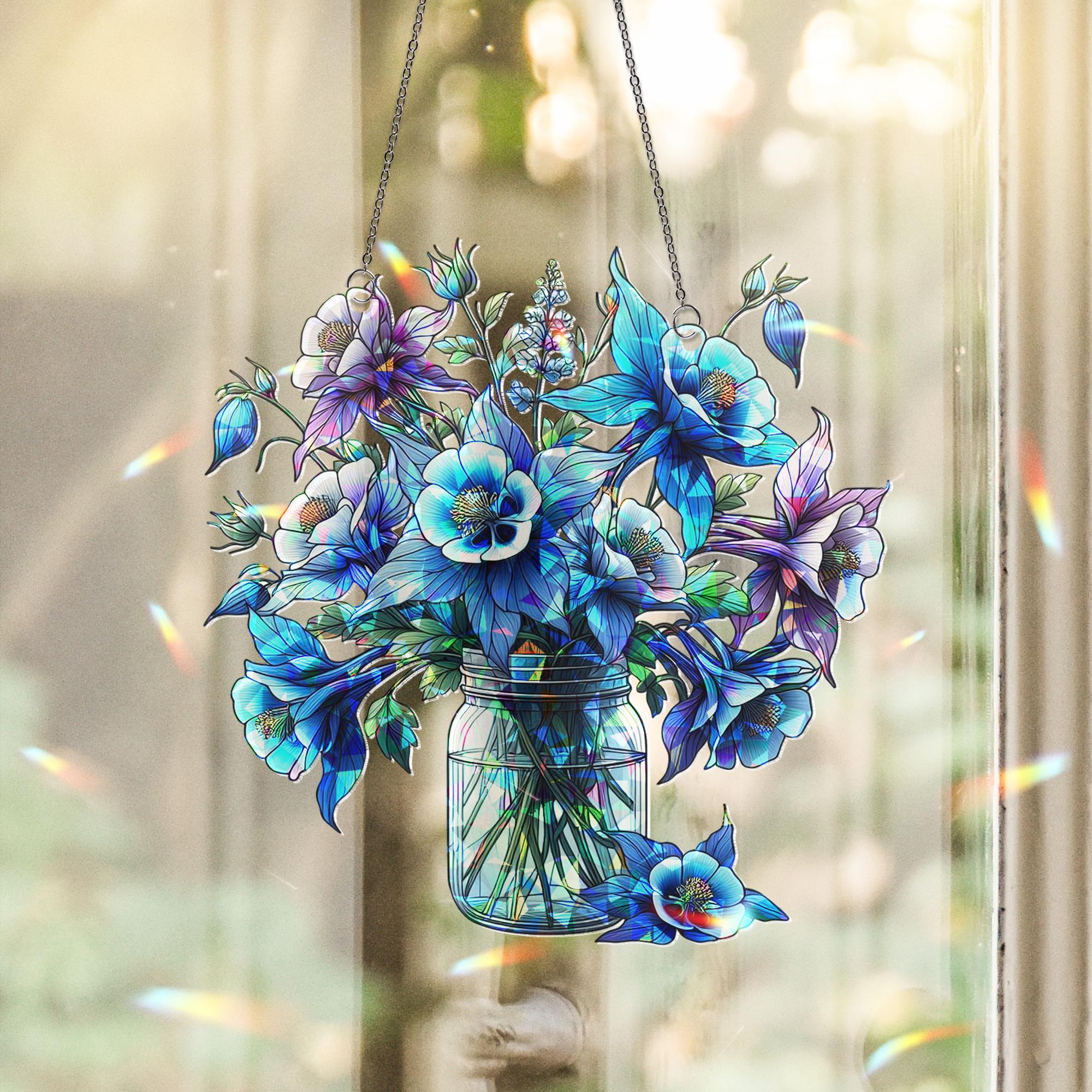 Blue Columbine Flowers Acrylic Holographic Suncatcher | Mason Jar Bouquet Window Hanging | Unique Gift for Mom Grandma