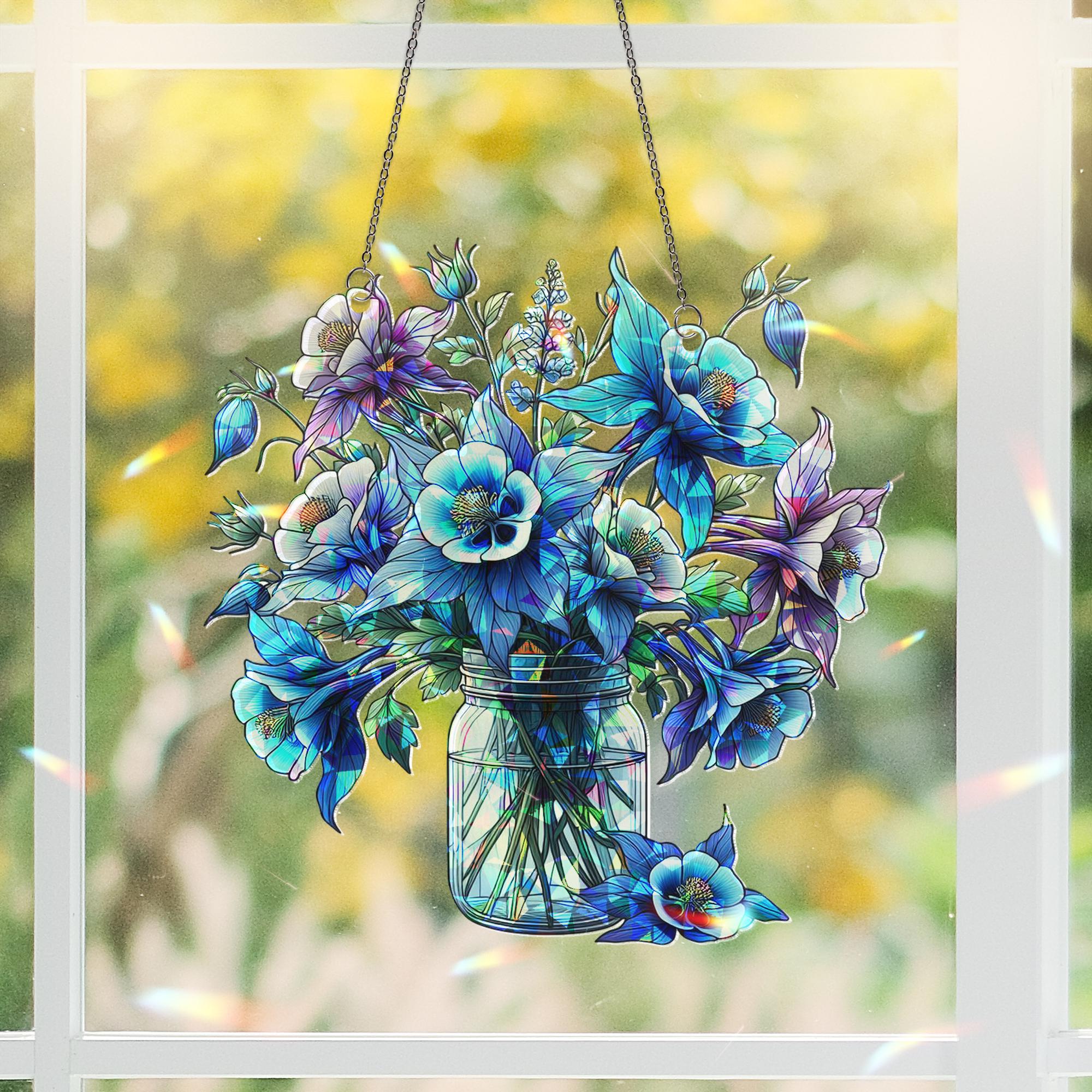 Blue Columbine Flowers Acrylic Holographic Suncatcher | Mason Jar Bouquet Window Hanging | Unique Gift for Mom Grandma