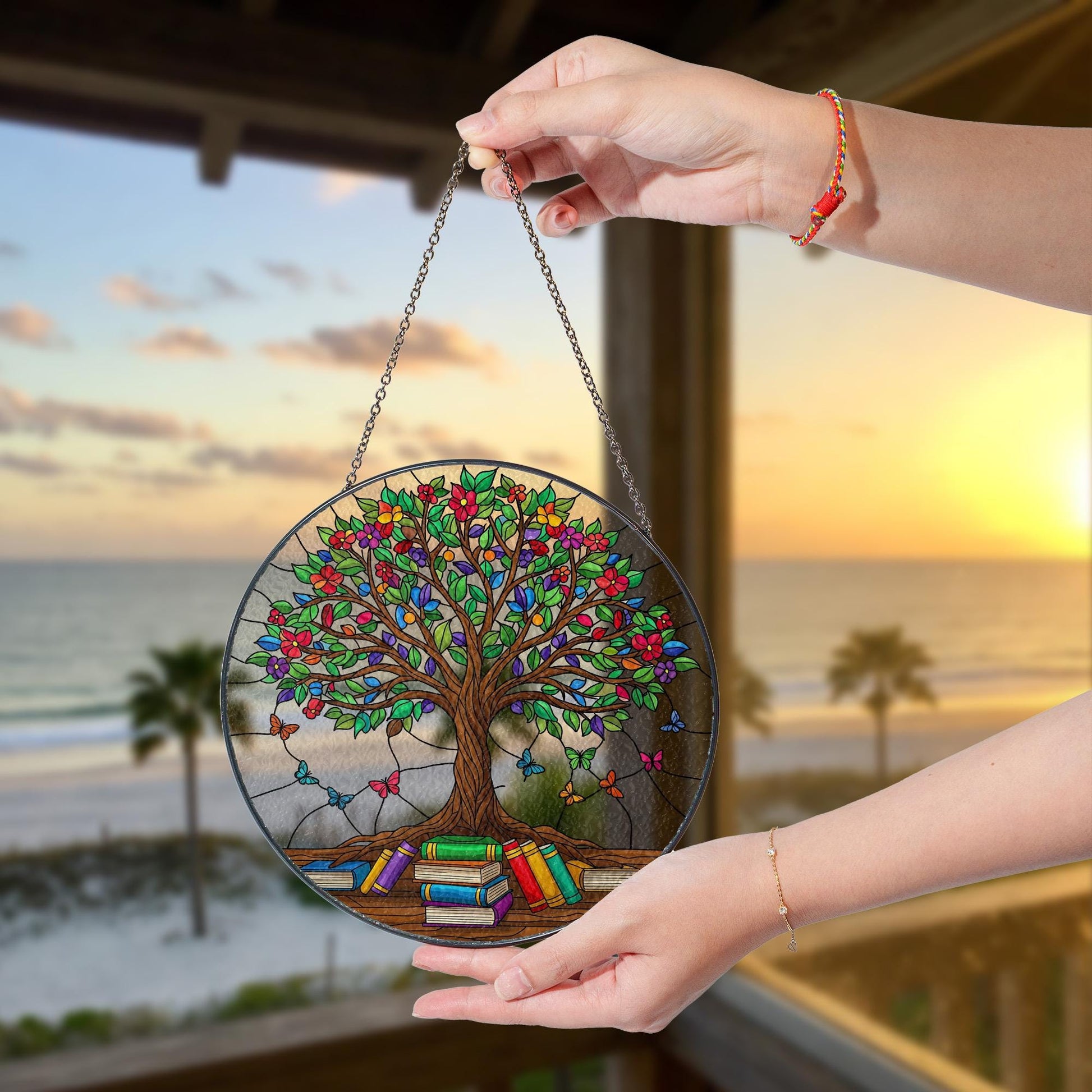 Tree of Knowledge Glass, Colorful Suncatcher with Books and Butterflies, Gift for Teacher, Reader, or Book Lover, Teacher Appreciation