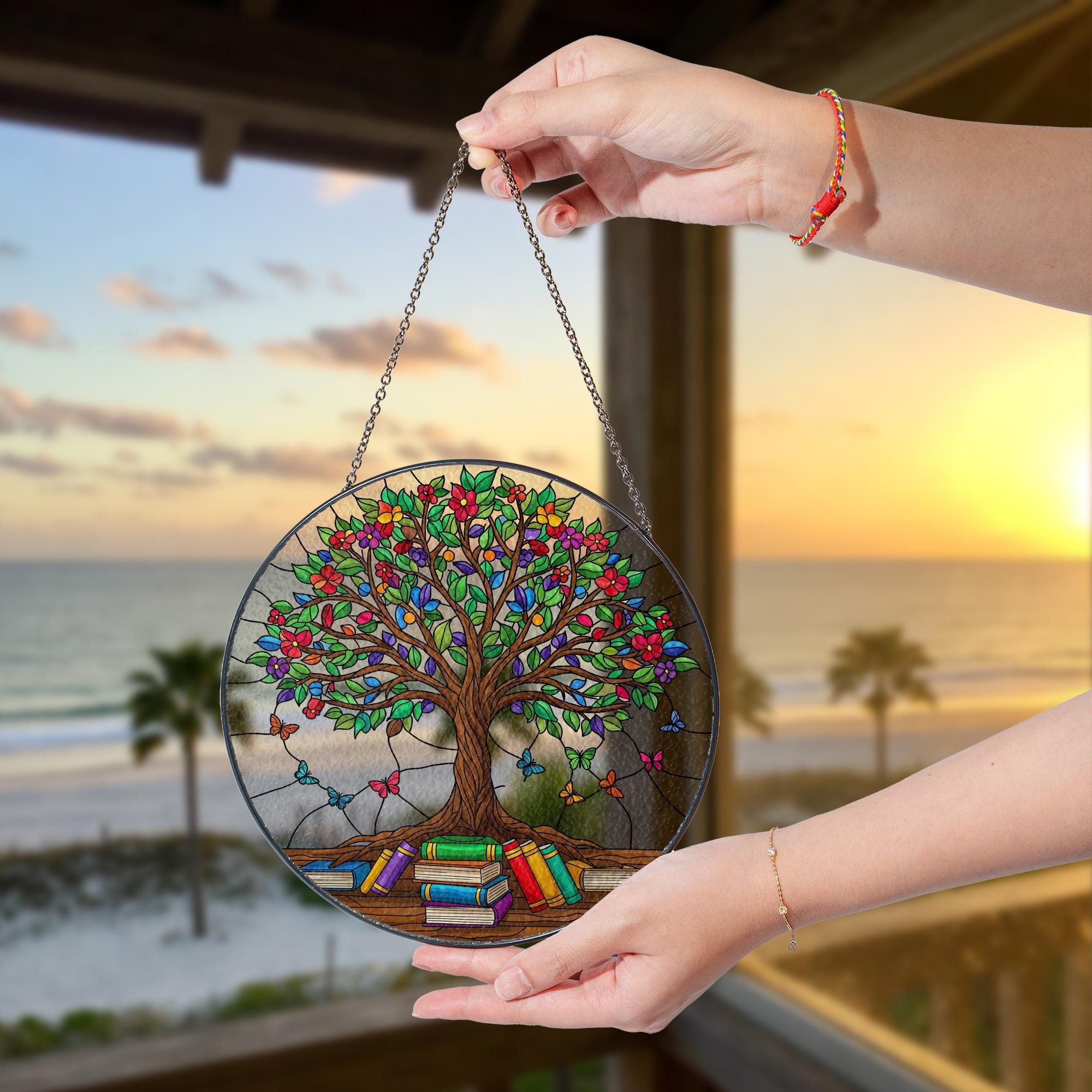 Tree of Knowledge Glass, Colorful Suncatcher with Books and Butterflies, Gift for Teacher, Reader, or Book Lover, Teacher Appreciation