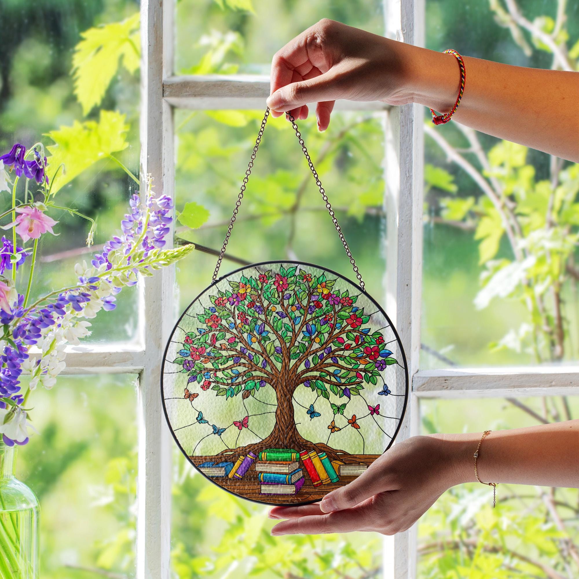 Tree of Knowledge Glass, Colorful Suncatcher with Books and Butterflies, Gift for Teacher, Reader, or Book Lover, Teacher Appreciation