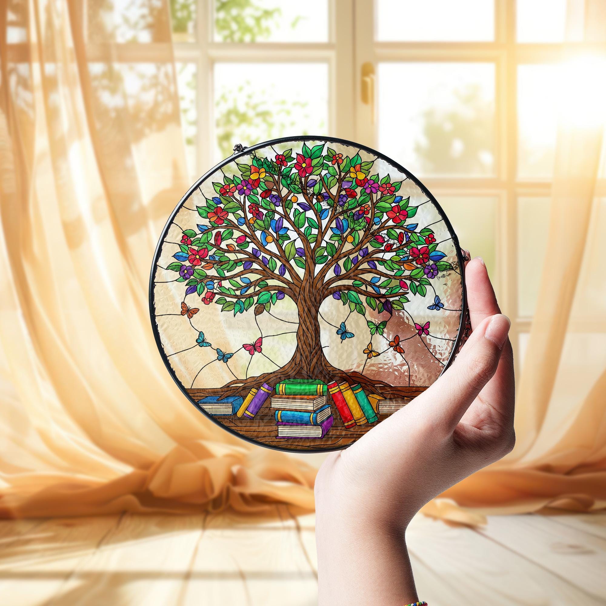 Tree of Knowledge Glass, Colorful Suncatcher with Books and Butterflies, Gift for Teacher, Reader, or Book Lover, Teacher Appreciation