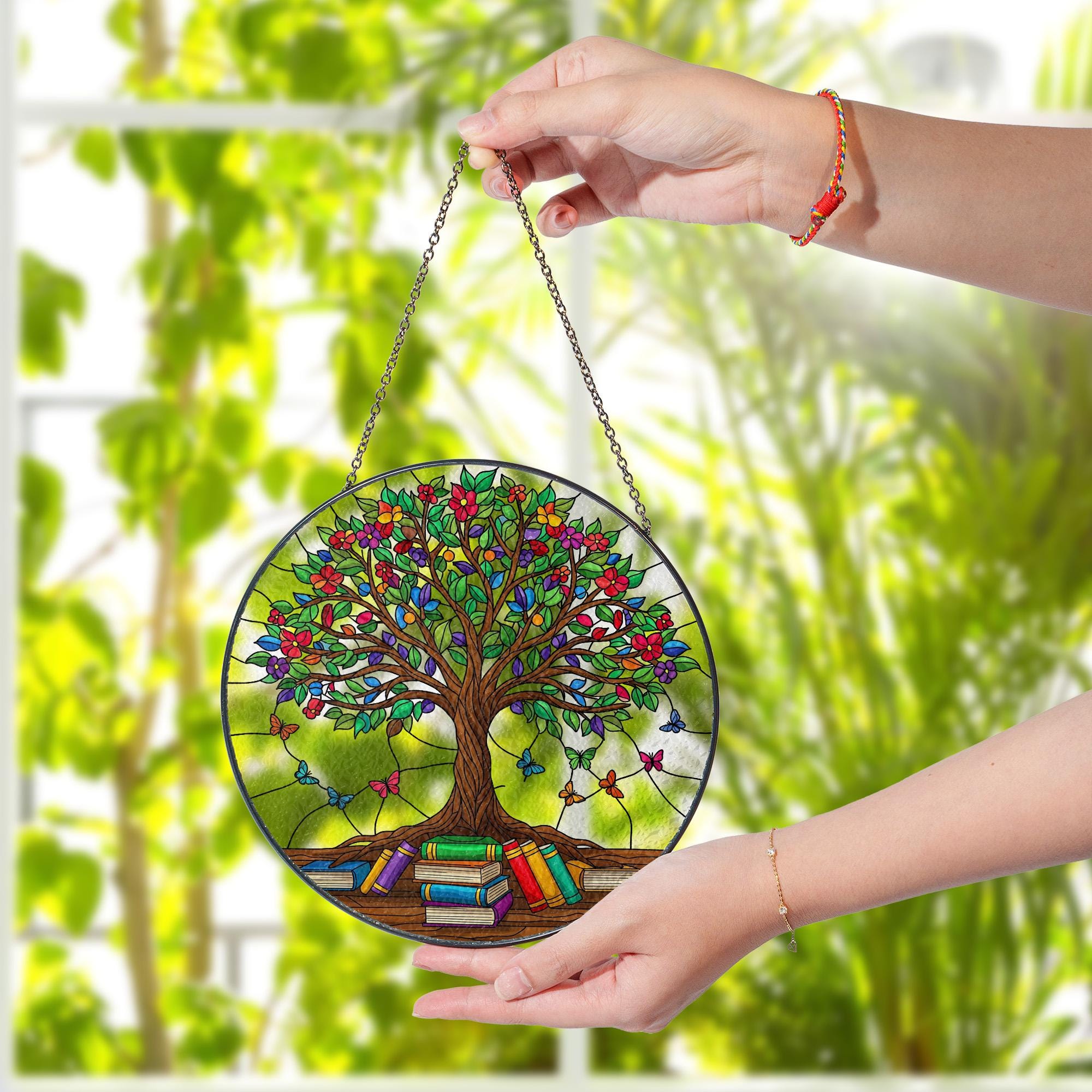 Tree of Knowledge Glass, Colorful Suncatcher with Books and Butterflies, Gift for Teacher, Reader, or Book Lover, Teacher Appreciation