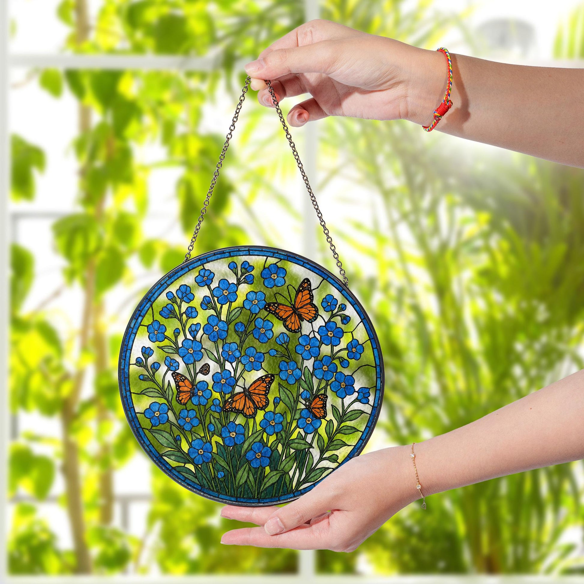 Forget Me Not and Monarch Butterfly Glass Suncatcher | Blue Wildflower Window Hanging Gift for Mom, Memorial, Garden Lover