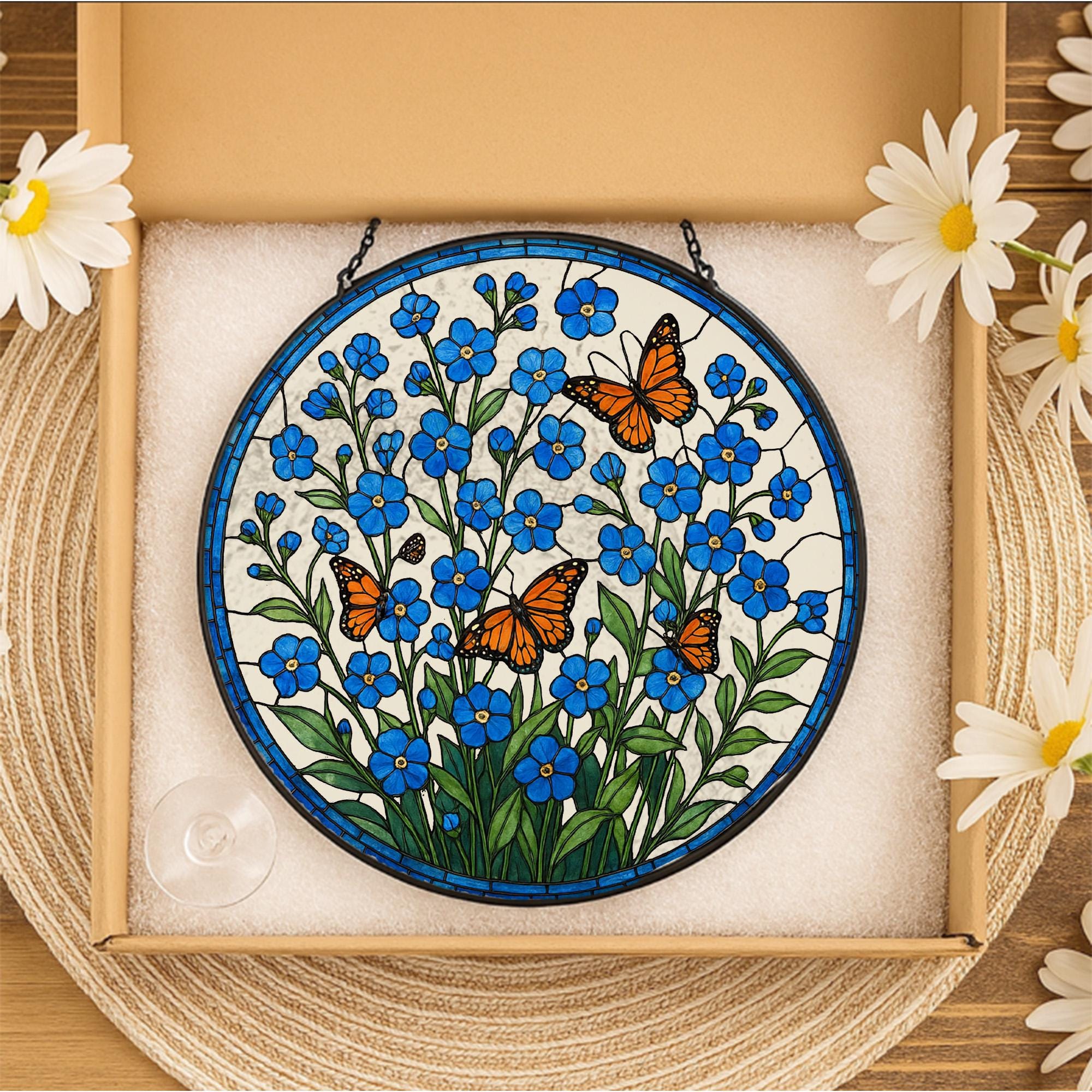 Forget Me Not and Monarch Butterfly Glass Suncatcher | Blue Wildflower Window Hanging Gift for Mom, Memorial, Garden Lover