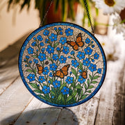 Forget Me Not and Monarch Butterfly Glass Suncatcher | Blue Wildflower Window Hanging Gift for Mom, Memorial, Garden Lover