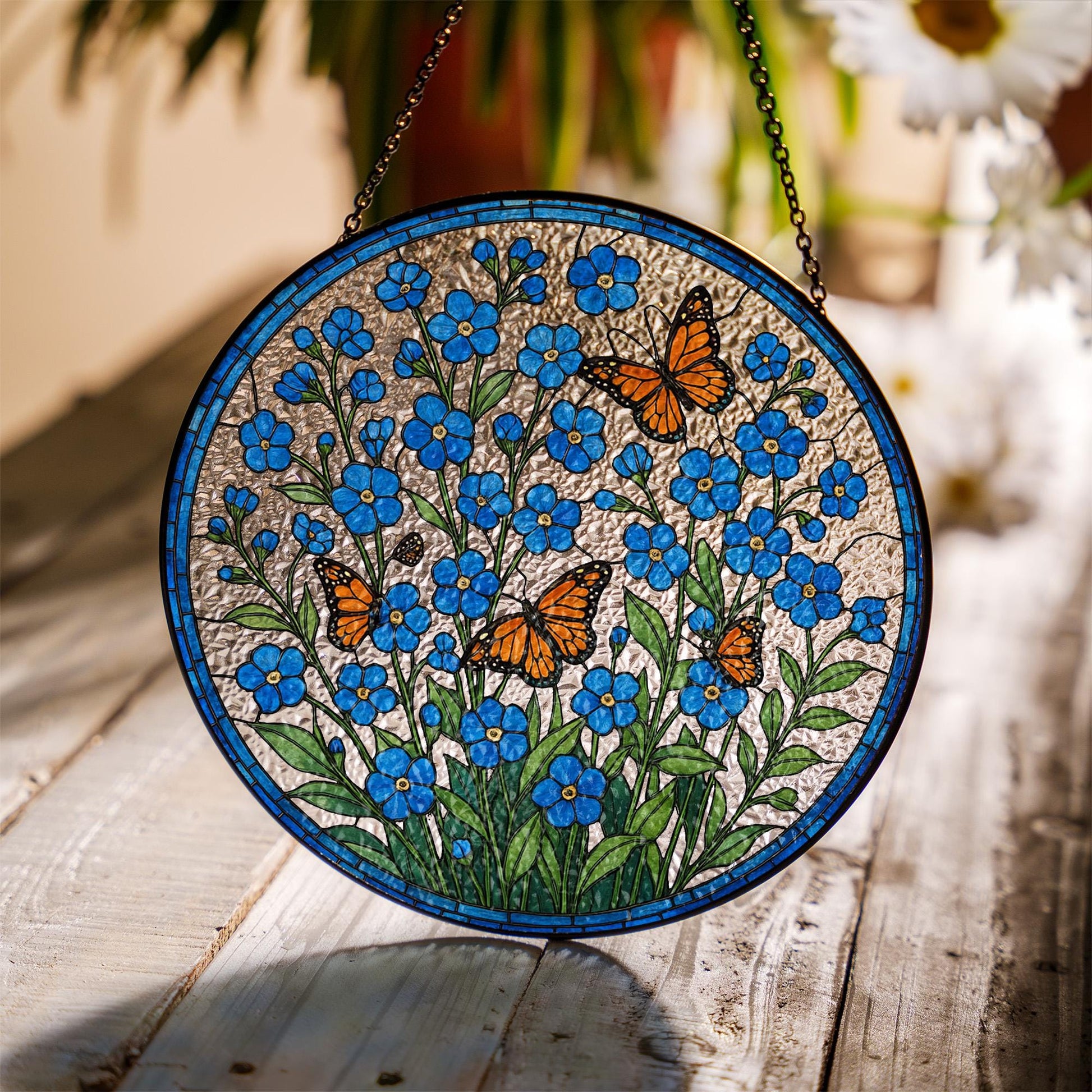 Forget Me Not and Monarch Butterfly Glass Suncatcher | Blue Wildflower Window Hanging Gift for Mom, Memorial, Garden Lover