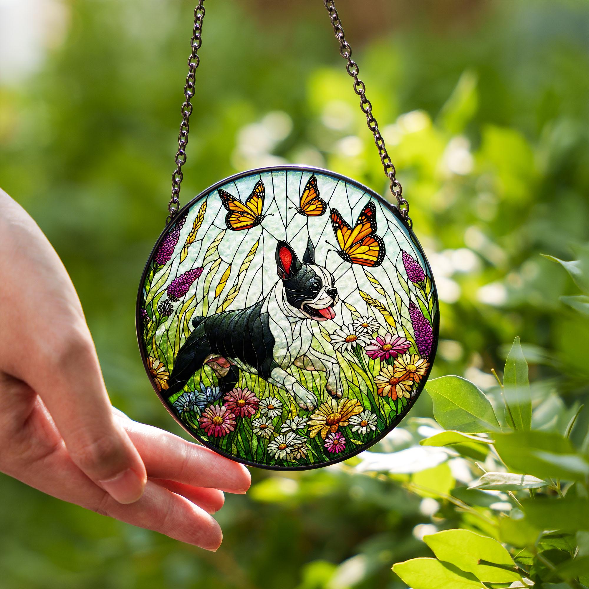 Boston Terrier and wildflower Glass Suncatcher – Glass Dog Window Hanging Gift for Mom, Dog Lover, Pet Memorial, Boston Terrier Decor