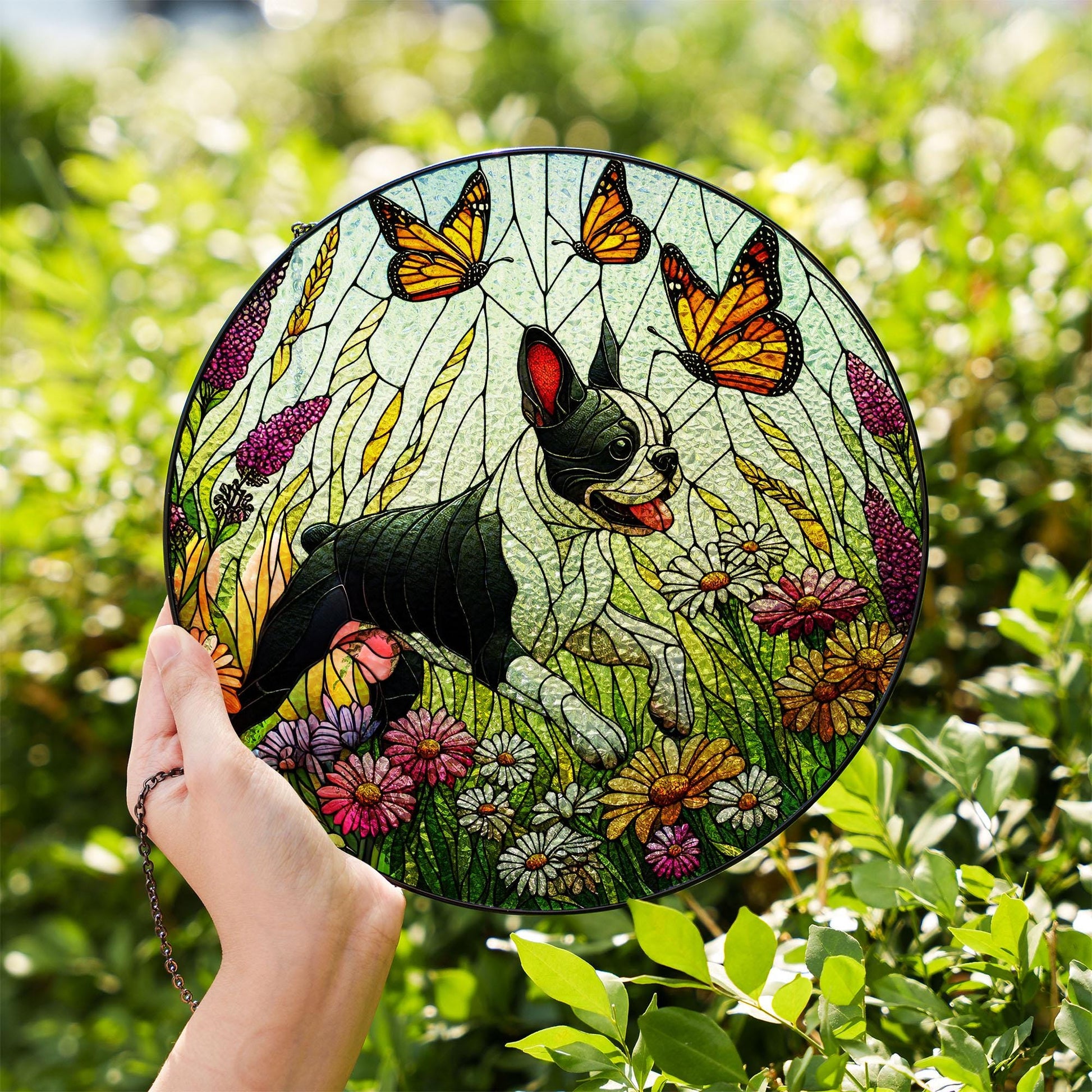 Boston Terrier and wildflower Glass Suncatcher – Glass Dog Window Hanging Gift for Mom, Dog Lover, Pet Memorial, Boston Terrier Decor
