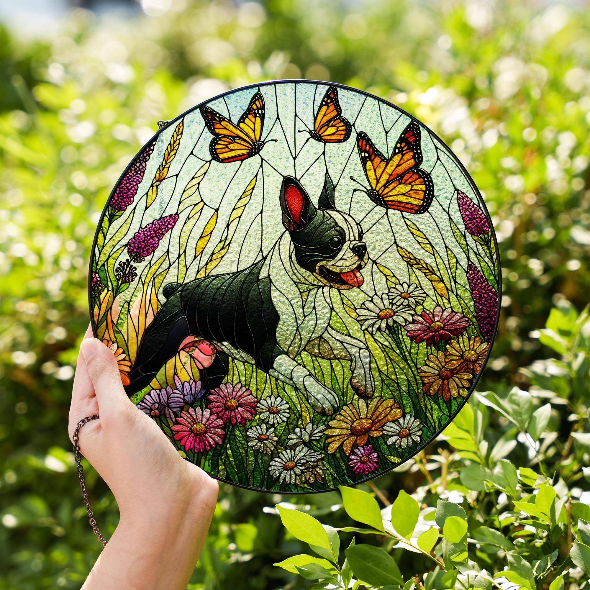 Boston Terrier and wildflower Glass Suncatcher – Glass Dog Window Hanging Gift for Mom, Dog Lover, Pet Memorial, Boston Terrier Decor