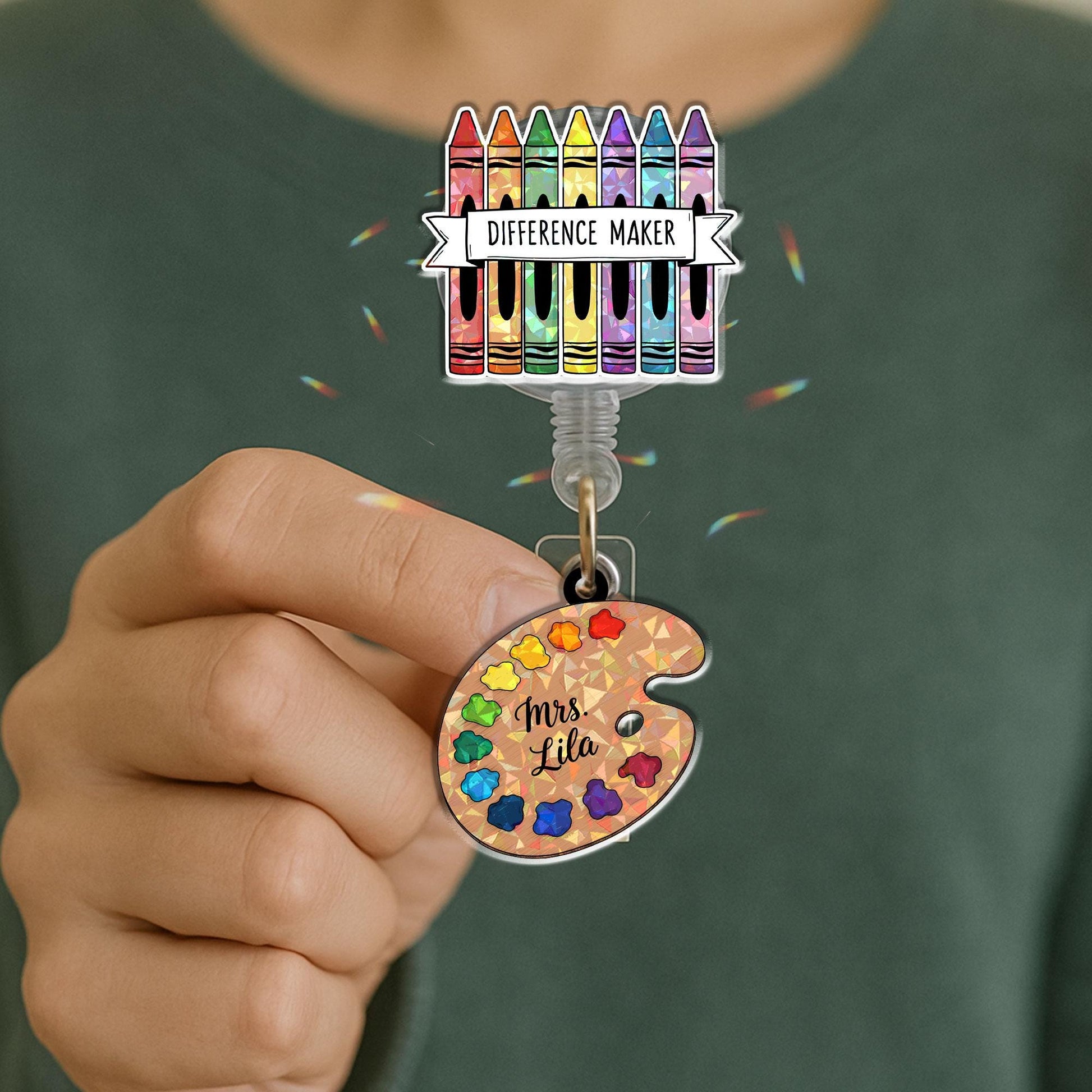 Personalized Teacher Crayon Badge Reel, Difference Maker ID Holder with Custom Name Art Palette Charm, Holographic Educator Gift Idea