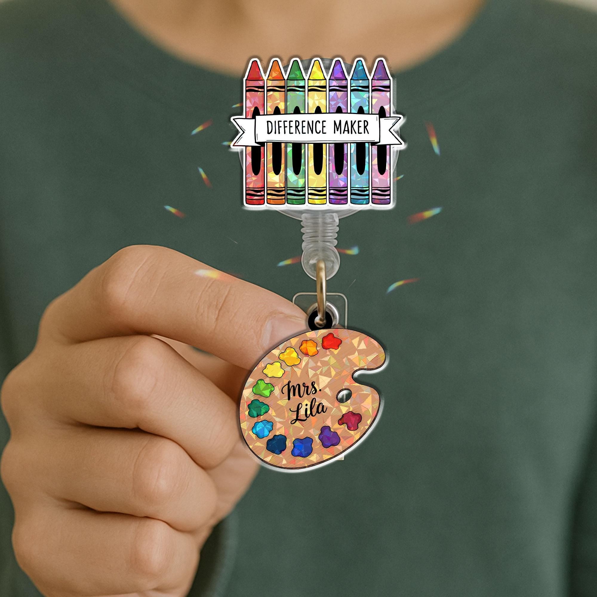 Personalized Teacher Crayon Badge Reel, Difference Maker ID Holder with Custom Name Art Palette Charm, Holographic Educator Gift Idea