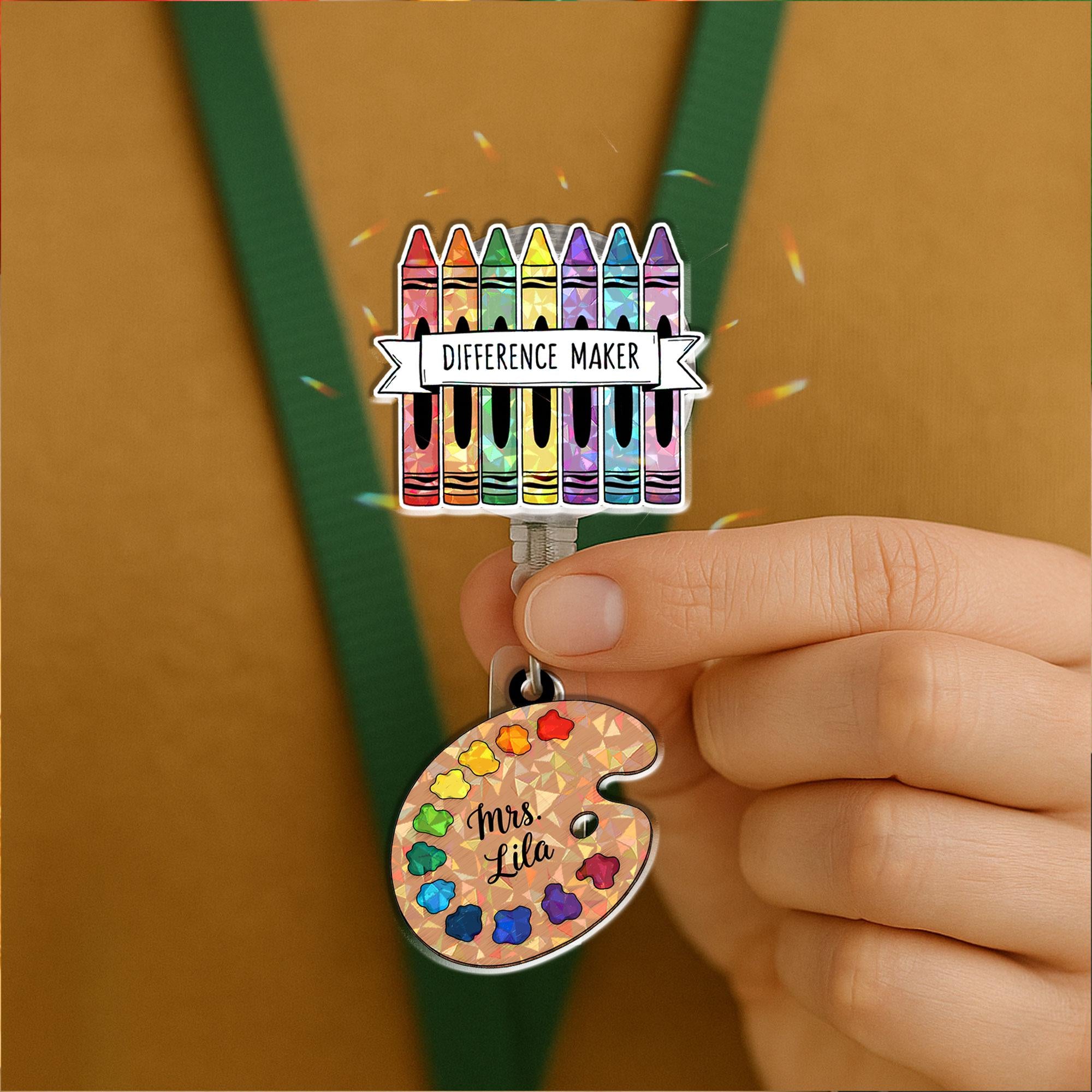 Personalized Teacher Crayon Badge Reel, Difference Maker ID Holder with Custom Name Art Palette Charm, Holographic Educator Gift Idea